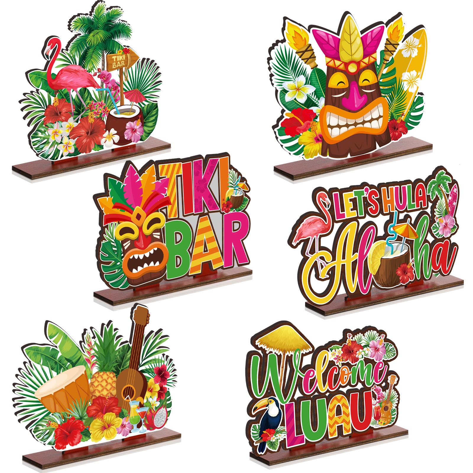 Juexica 6 Pcs Luau Party Signs Tiki Table Decoration Hawaiian Decor Wooden Aloha Luau Decorations Tropical Hawaii Decor for Housewarming Tiki Bar Birthday Welcome Baby Shower Party Supplies