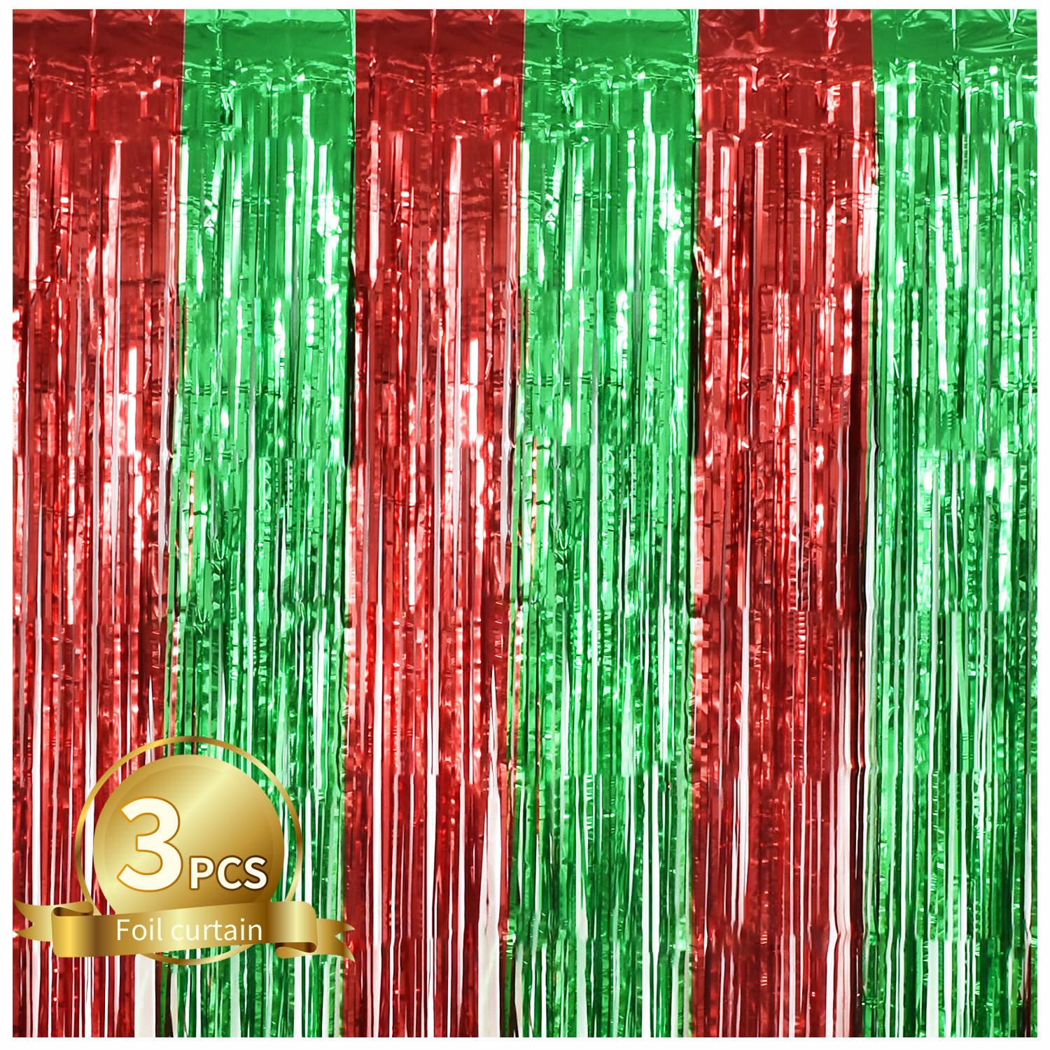 TONIFUL 3Pcs Red Green Door Streamers,Red GreenPhoto Booth Backdrop Metallic Streamers Foil Fringe Curtains for Birthday,Christmas,New Year,Bachelorette,Grad Party Streamers Decor(9.9ft x 6.6ft)