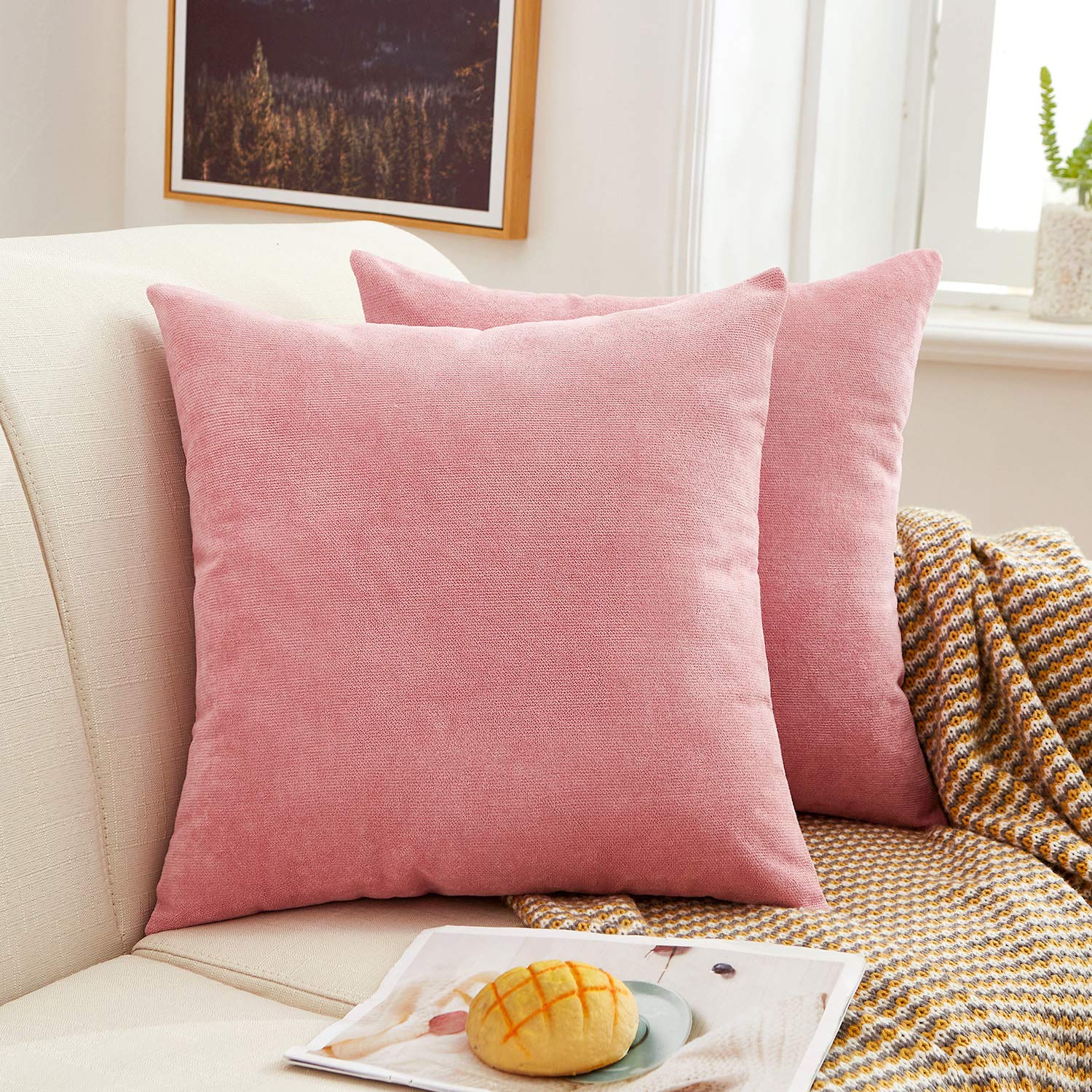 MERNETTE Pack of 2, Thick Chenille Decorative Square Throw Pillow Cover Cushion Covers Pillowcase, Home Decor Decorations for Sofa Couch Bed Chair 16x16 Inch/40x40 cm (Pink)