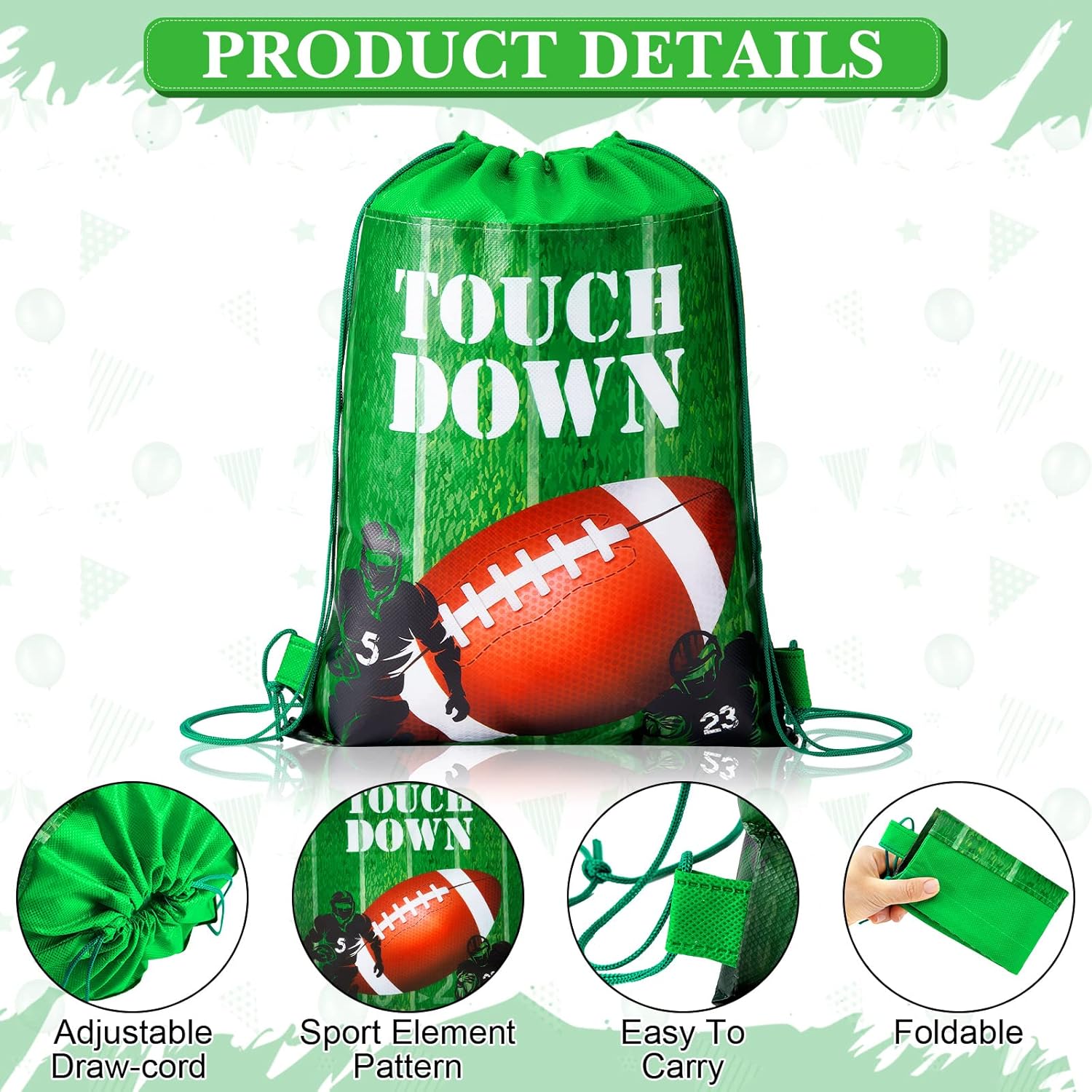 Chumia 24 Pcs Football Party Favors Drawstring Bags Football Backpack Rugby Goodie Bags for Sports Birthday Party Gym Team Gift Stuffers Supplies(Bright Style) - Image 3