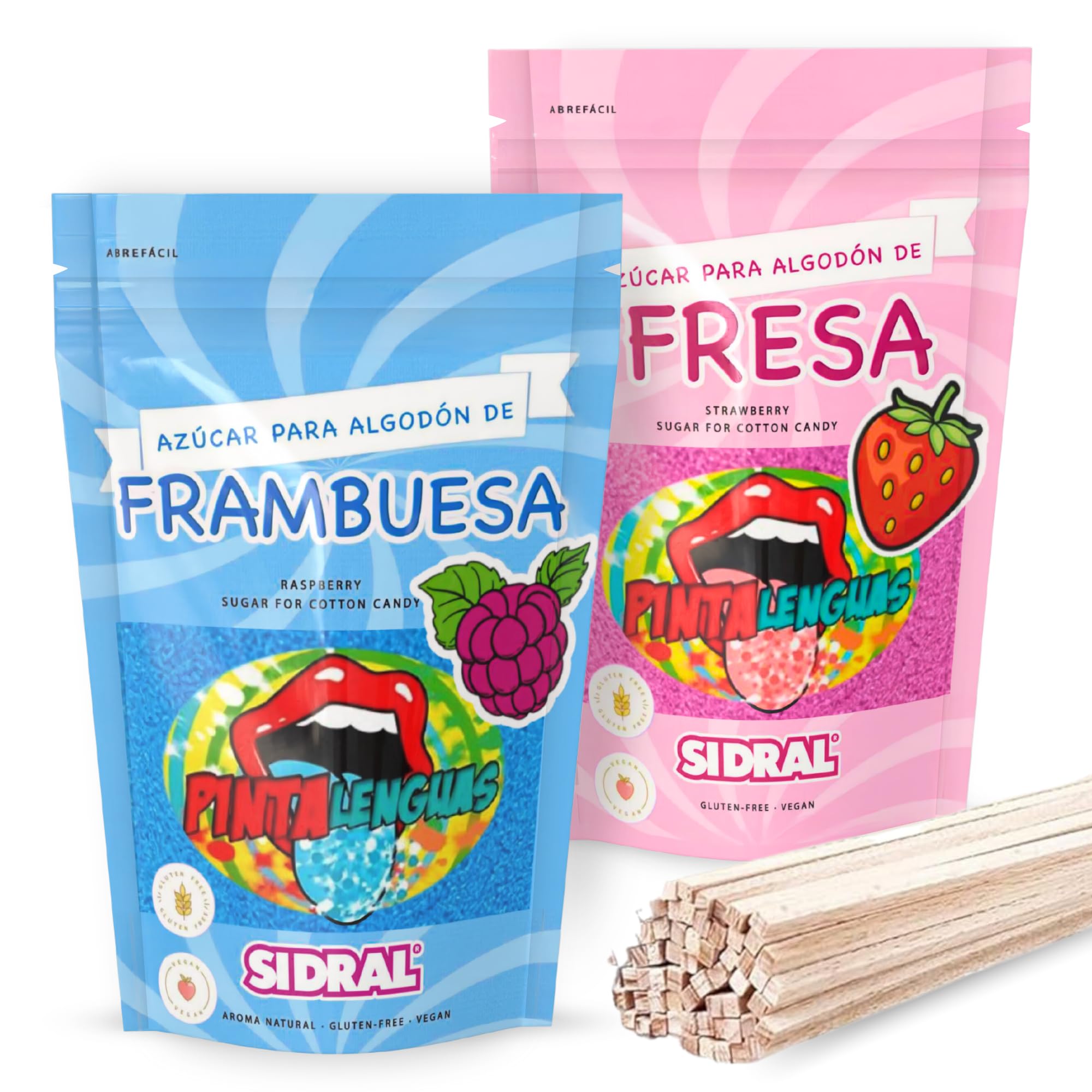 SIDRAL Azucar para Máquina Algodón (2x 250 gr) con 25 Palitos Reciclables para Degustación - Lote de 2 Sabores (Fresa, Frambuesa), Azúcar para Algodón de Azúcar PINTALENGUAS - Ideal para Fiestas