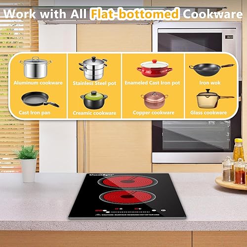 Miniatura 8 de Placa de Cocción Eléctrica de 2 Quemadores, Superficie de Cocina Eléctrica de 12 Pulgadas con 9 Niveles de Potencia, Control Táctil, Temporizador,