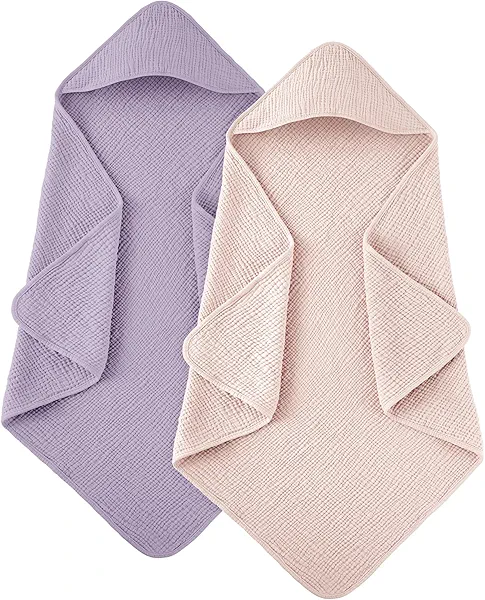 Susurration Hooded Baby Towels for Newborn 2 Pack 100% Muslin Cotton Towel for Babies,Highly Absorbent and Newborn Essential 30x30 Inch Pink&Purple