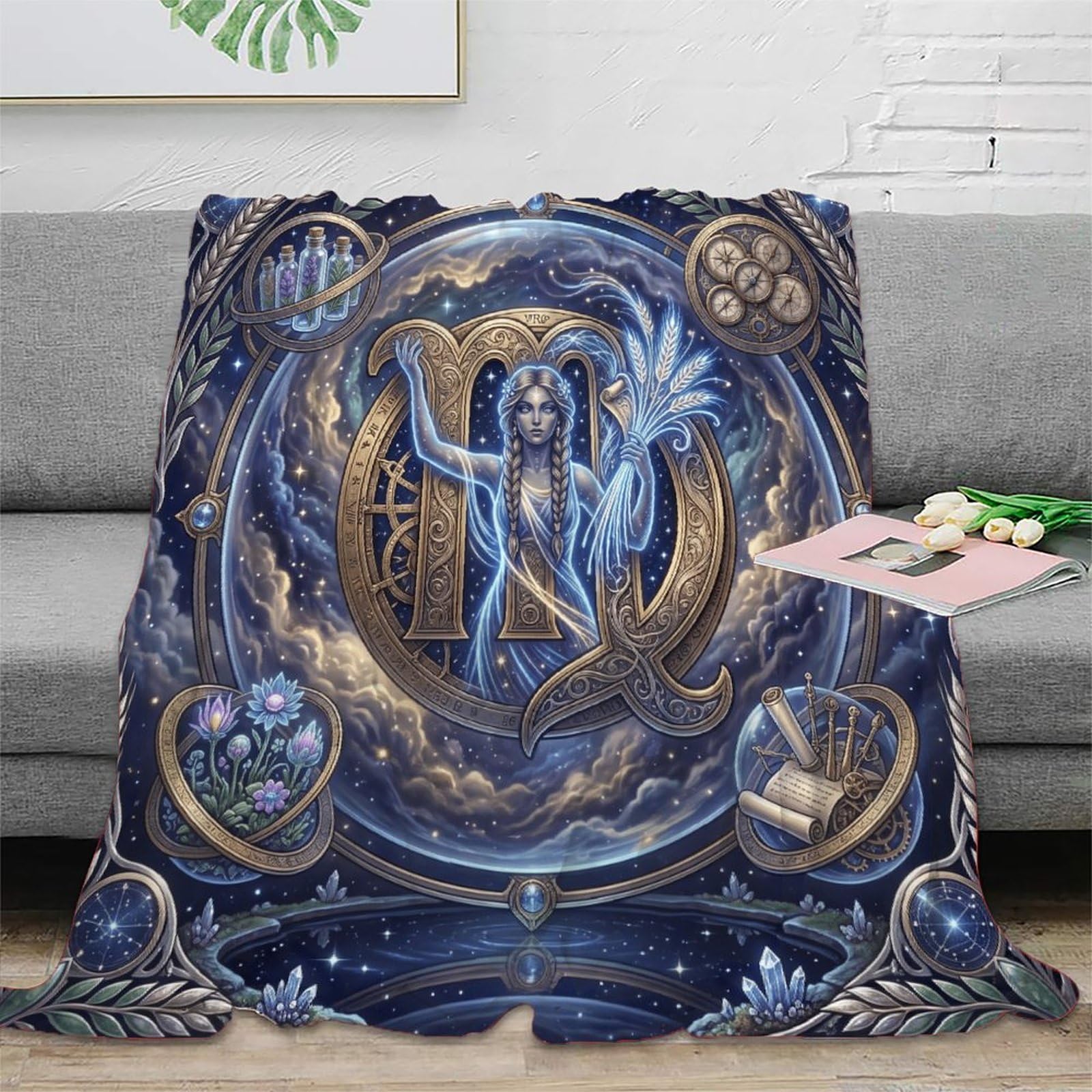 W7C8U2X3 Virgo Zodiac Celestial for Flannel Throw Blanket, Travel Bed Couch