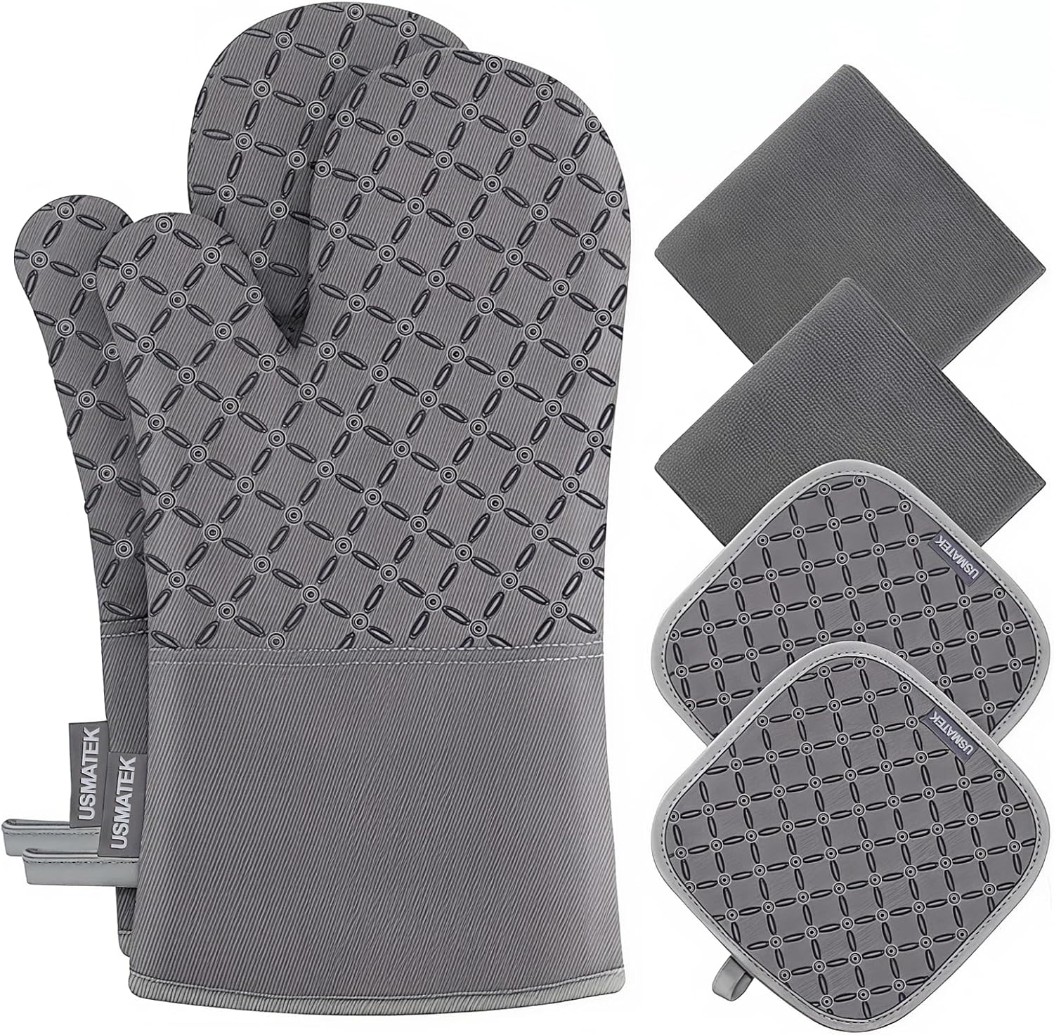 Oven Mitts and Pot Holders Set – 6 PCS Heat Resistant to 500°F, Extra Long Silicone Oven Gloves & Potholders with Non-Slip Grip, Quilted Cotton Lining, Washable, for Cooking, Baking, BBQ (Grey)