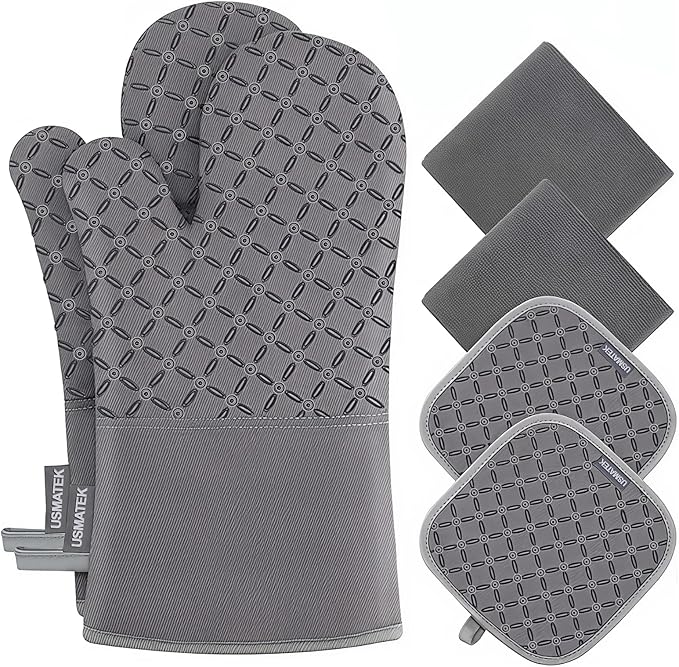Oven Mitts and Pot Holders Set – 6 PCS Heat Resistant to 500°F, Extra Long Silicone Oven Gloves & Potholders with Non-Slip Grip, Quilted Cotton Lining, Washable, for Cooking, Baking, BBQ (Grey)