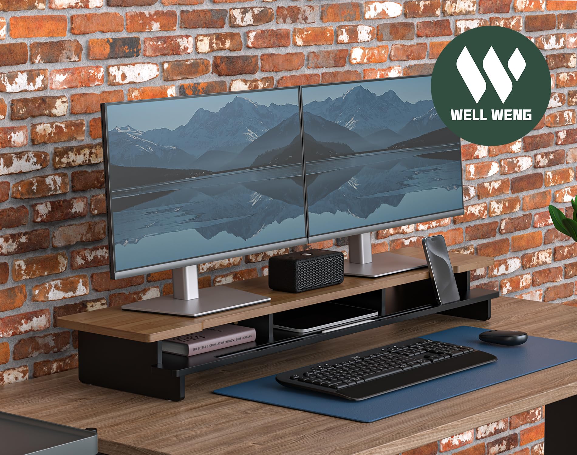 WELL WENG Monitorständer Dual-Monitorständer für Schreibtisch, Holzregal für Schreibtisch mit Aufbewahrungsorganizer und Halterung für Smartphone und Tablet (108 cm, schwarz und dunkles Bambus)