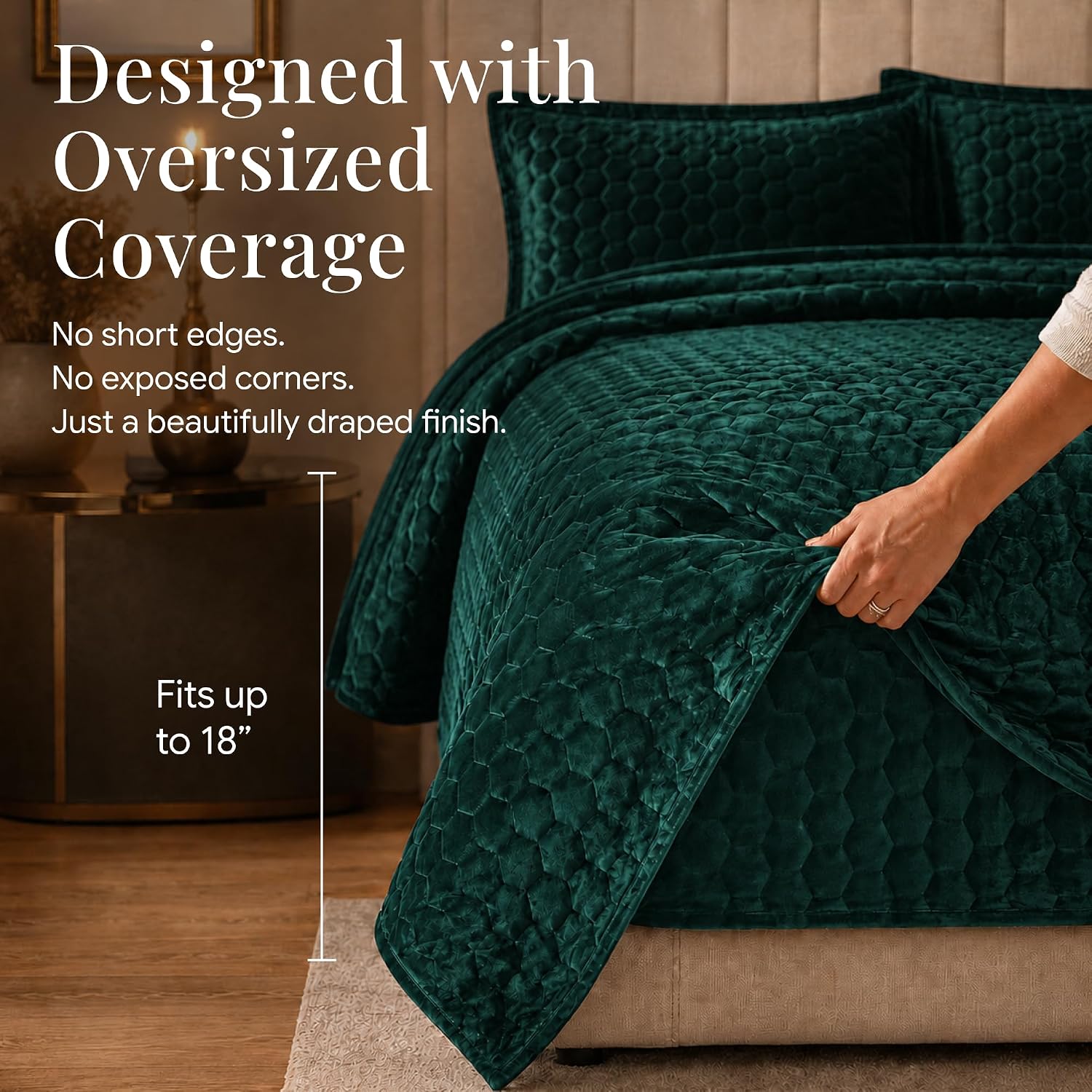 Tribeca Living Lugano Oversized Velvet Quilt Set - All Season, Extra Large, 3 Piece Queen Size Comforter Set with 2 Pillow Shams in Teal Honeycomb Pattern 260GSM