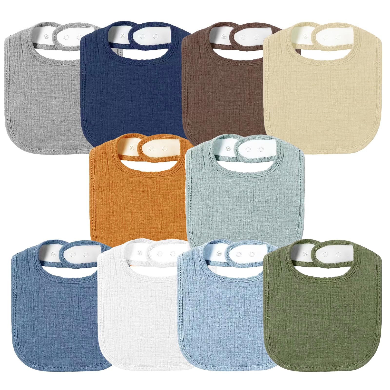 LUM9EX8 Muslin Baby Bibs 10 Pack - Soft 100% Cotton Dribble Bibs for Teething & Drooling, Adjustable Snap Closure for Newborns, Infants, Toddlers, Boys & Girls