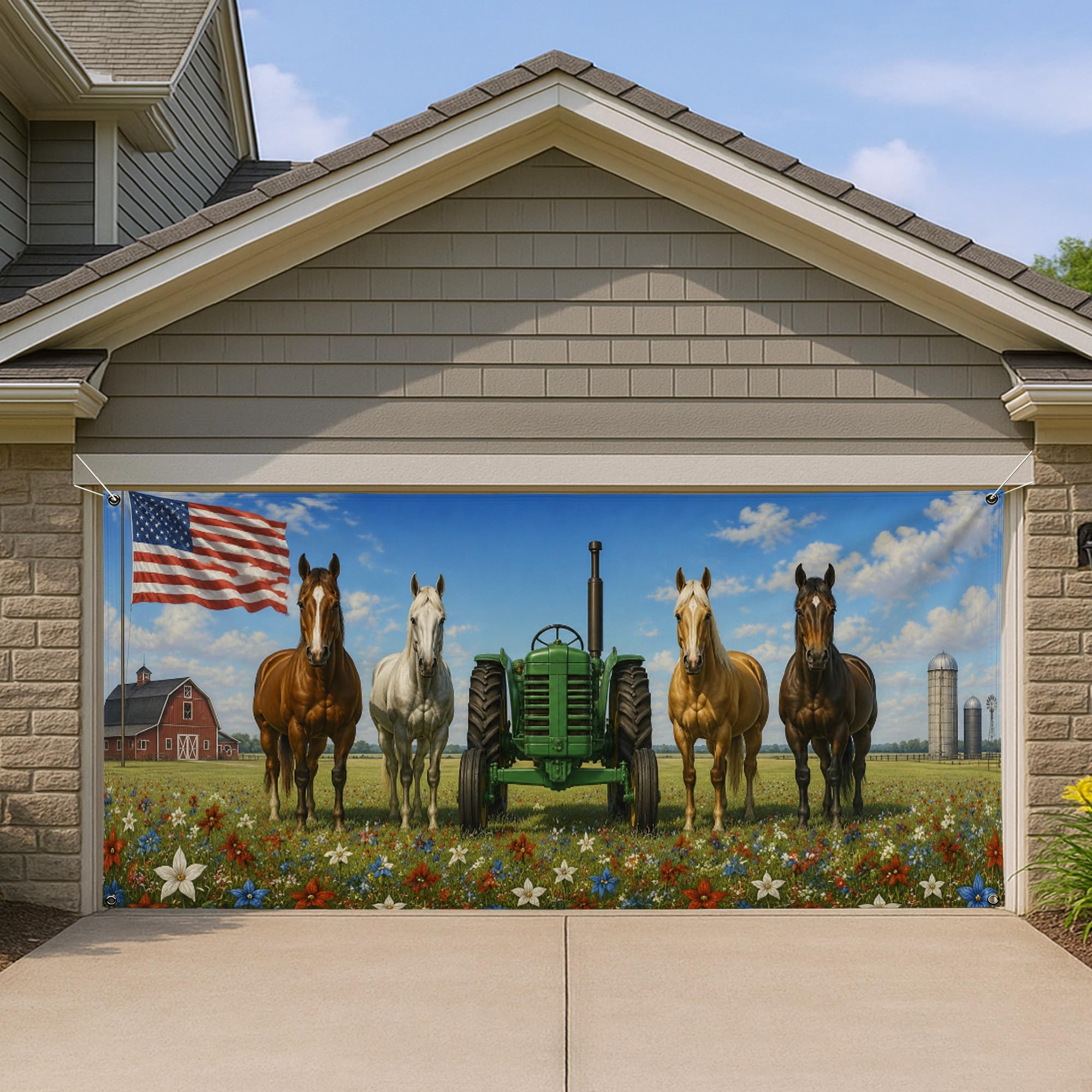 Housse de porte de garage motif chevaux pour rénover une façade usée