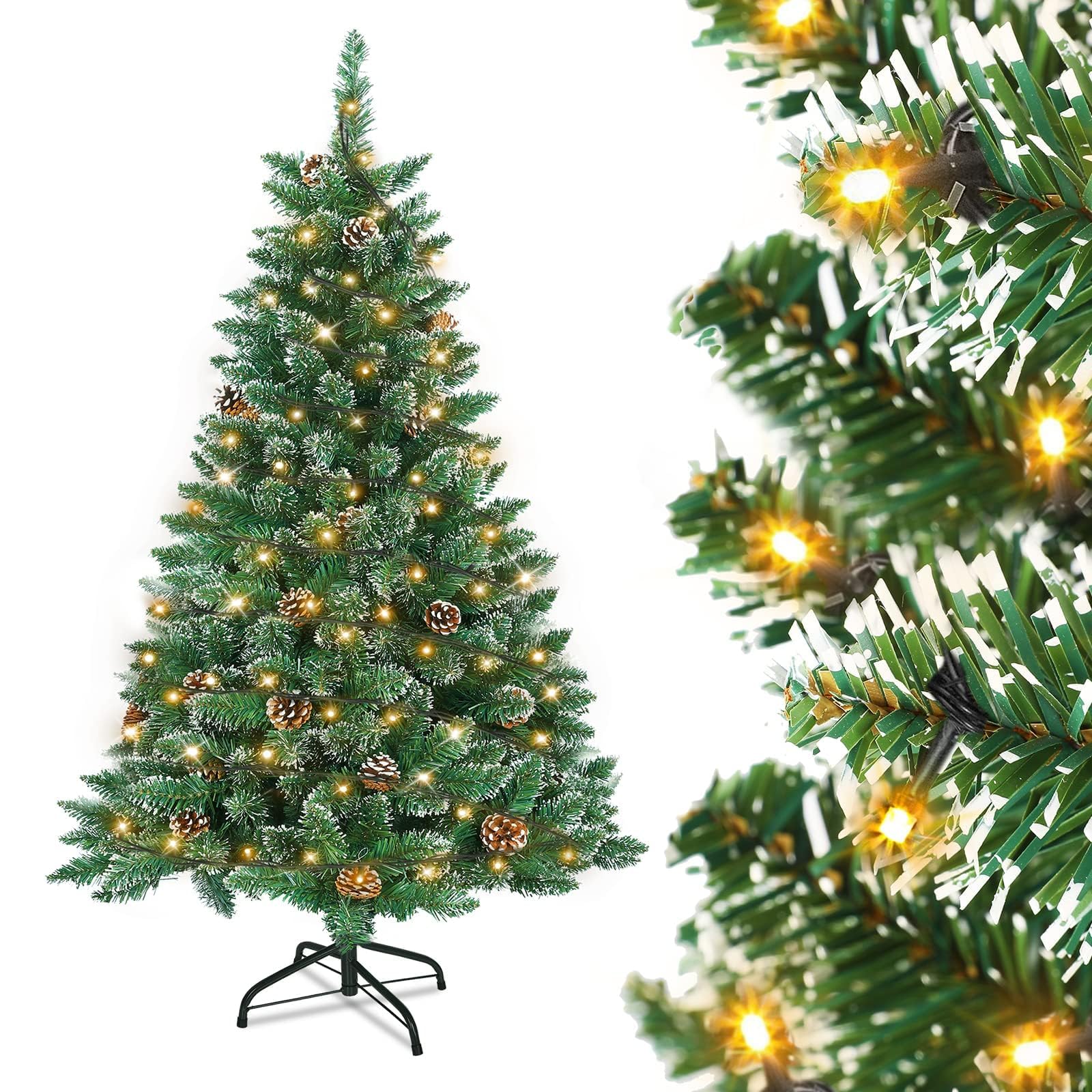 HENGMEI Albero di Natale Artificiale con Luci 120 cm Effetto Neve LED Abete con Supporto Decorazione Natalizia (120 cm 120 Luci)