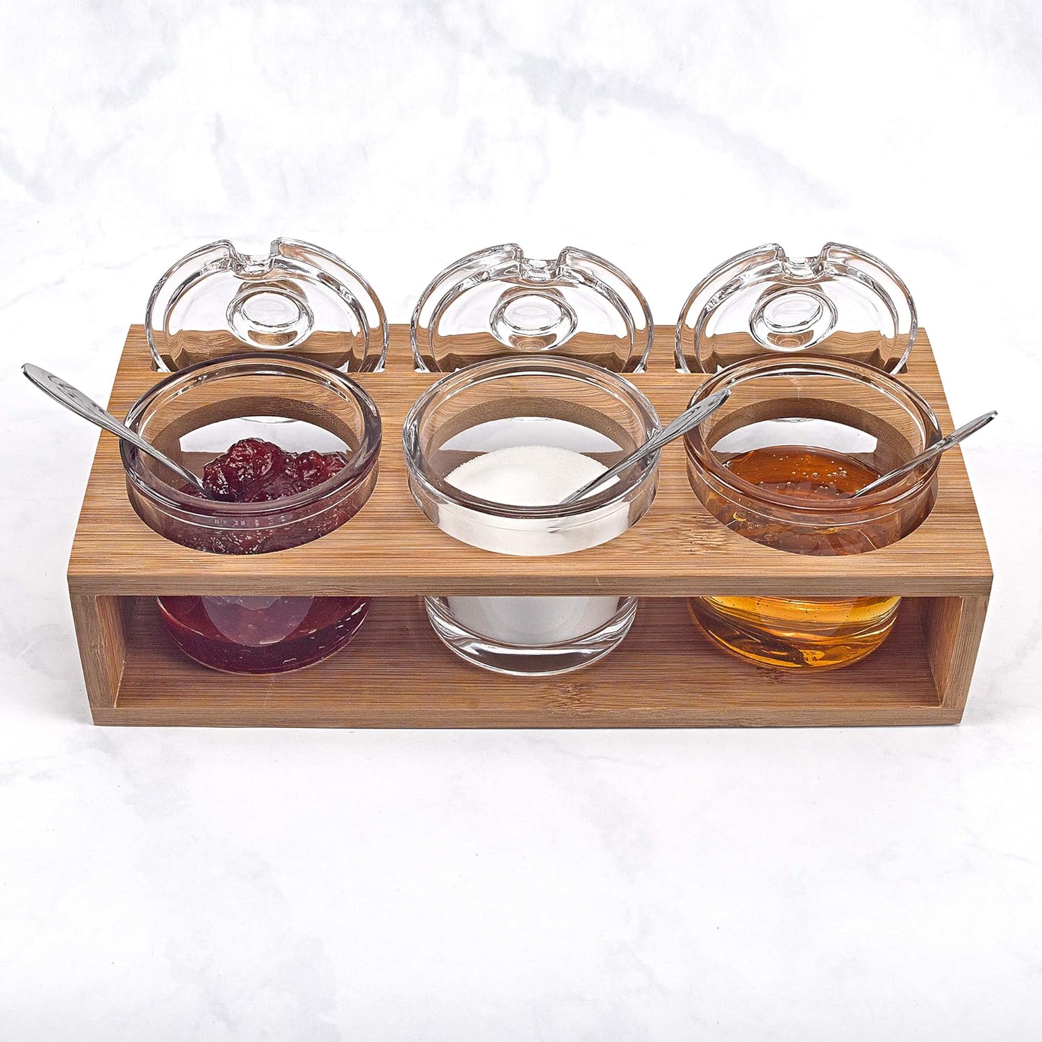 Elegant and Modern Decorative Glass Jam Set with 3 Glass Jars and Spoons on a Wood Stand, 12x4.5x4.5 Inches