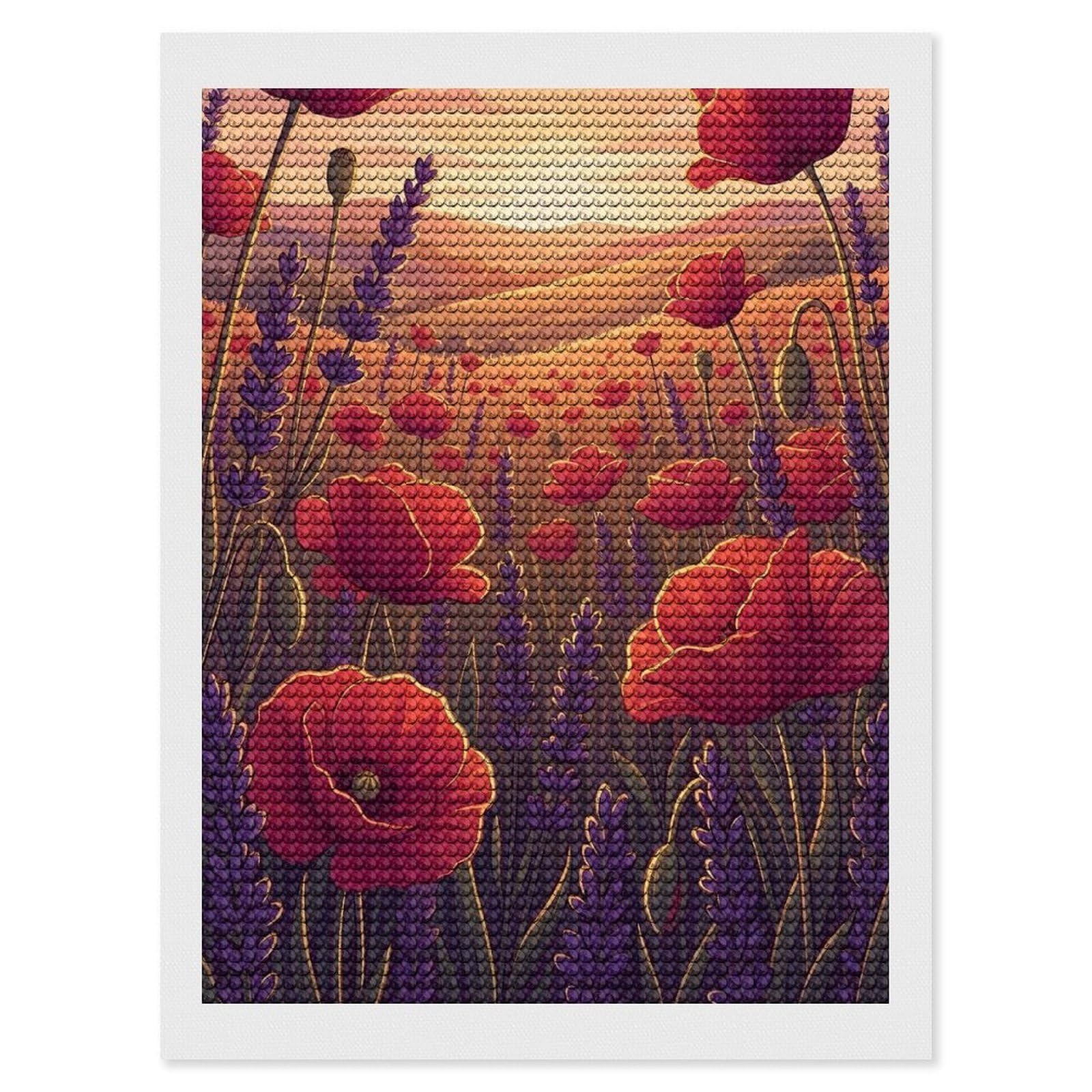 Junmoney Poppy and Lavender Field at Sunset Round Drill Diamond Painting 12"x16", Handmade Wall Decor, Modern Decor, Aesthetic Room Decor, Easy Craft Set