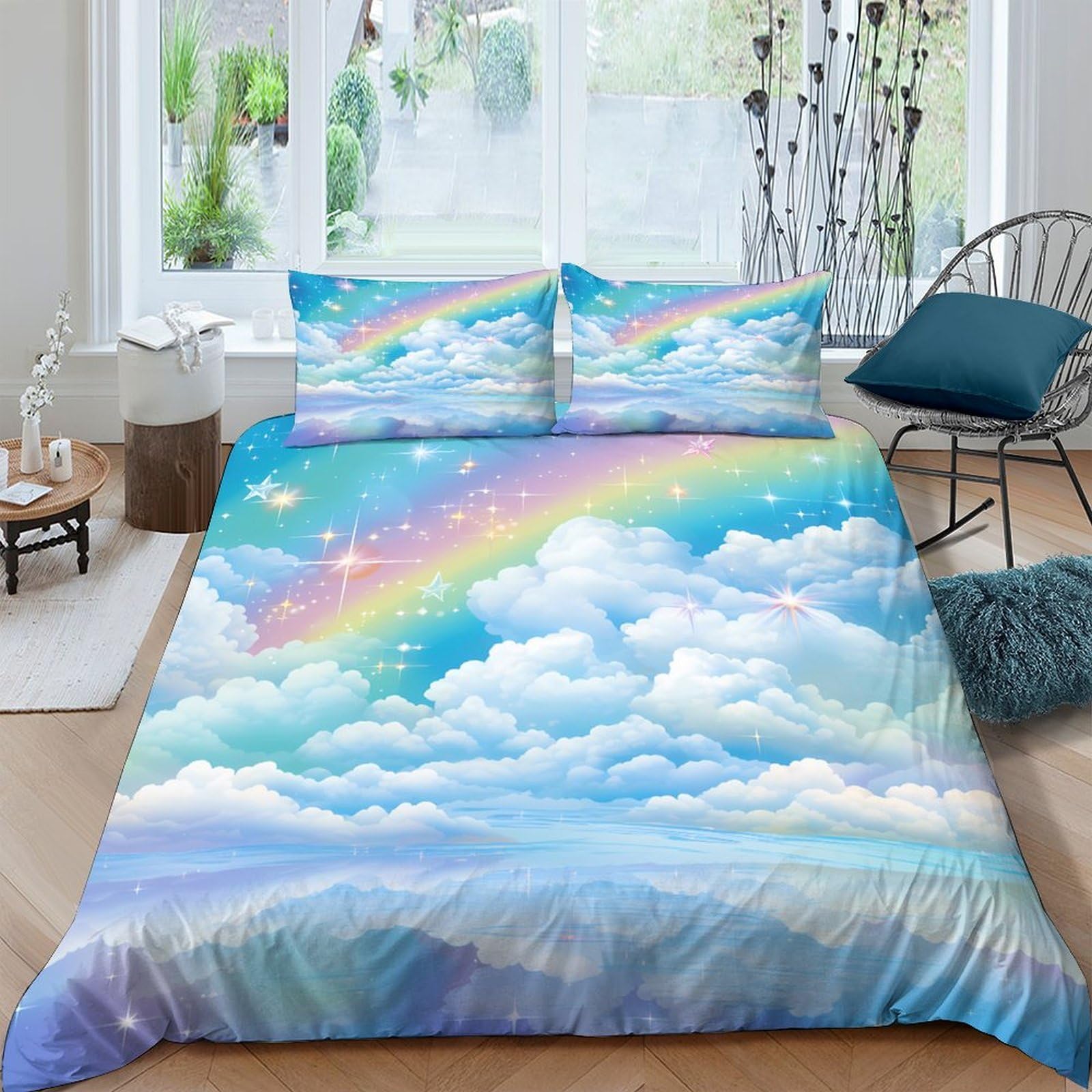 Ctjqhvkz Style-1 3D Printed Rainbow Cloud Fitted Sheet Microfiber Soft Sky Scenery Mattress Cover Anti-Slip For Bedroom Dorm Decorative Single（135X200cm）