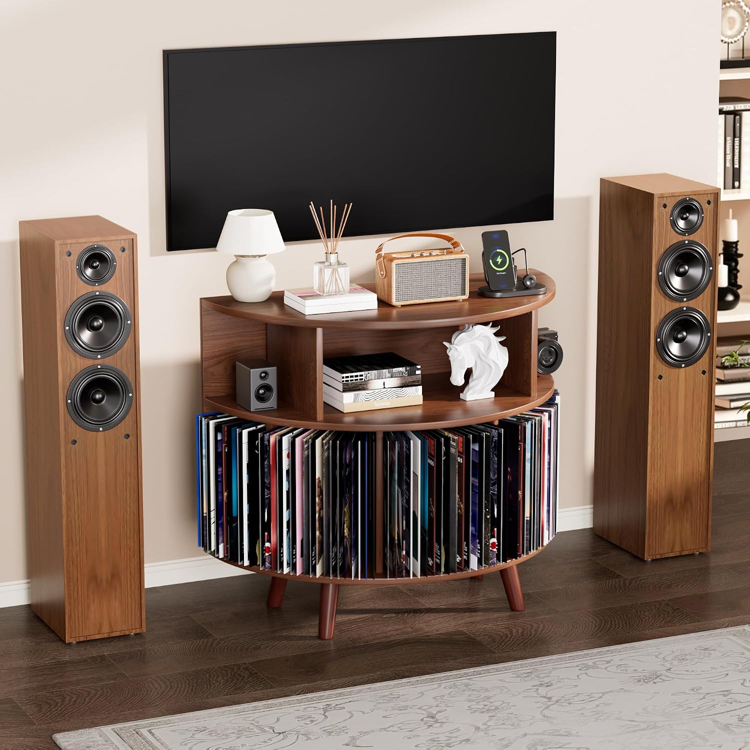 31.5" Record Player Stand with Power Outlet, Curved Vinyl Storage Cabinet | 3 Tier Mid Century Wood Turntable Stand with Open Storage for Living Room, Bedroom (Walnut)