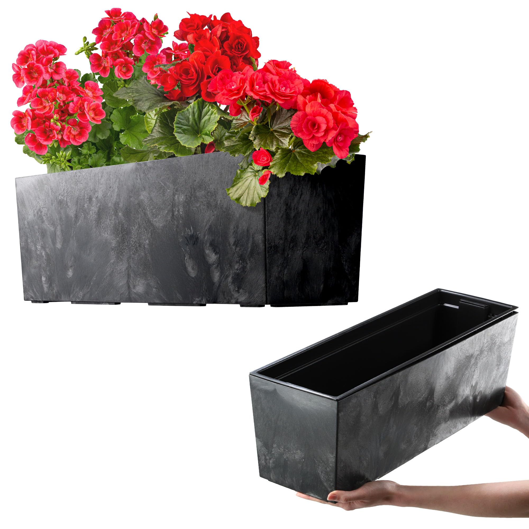 KADAX Macetero de plástico con inserto, resistente a la intemperie, rectangular, jardinera para exteriores (negro, diseño de hormigón)