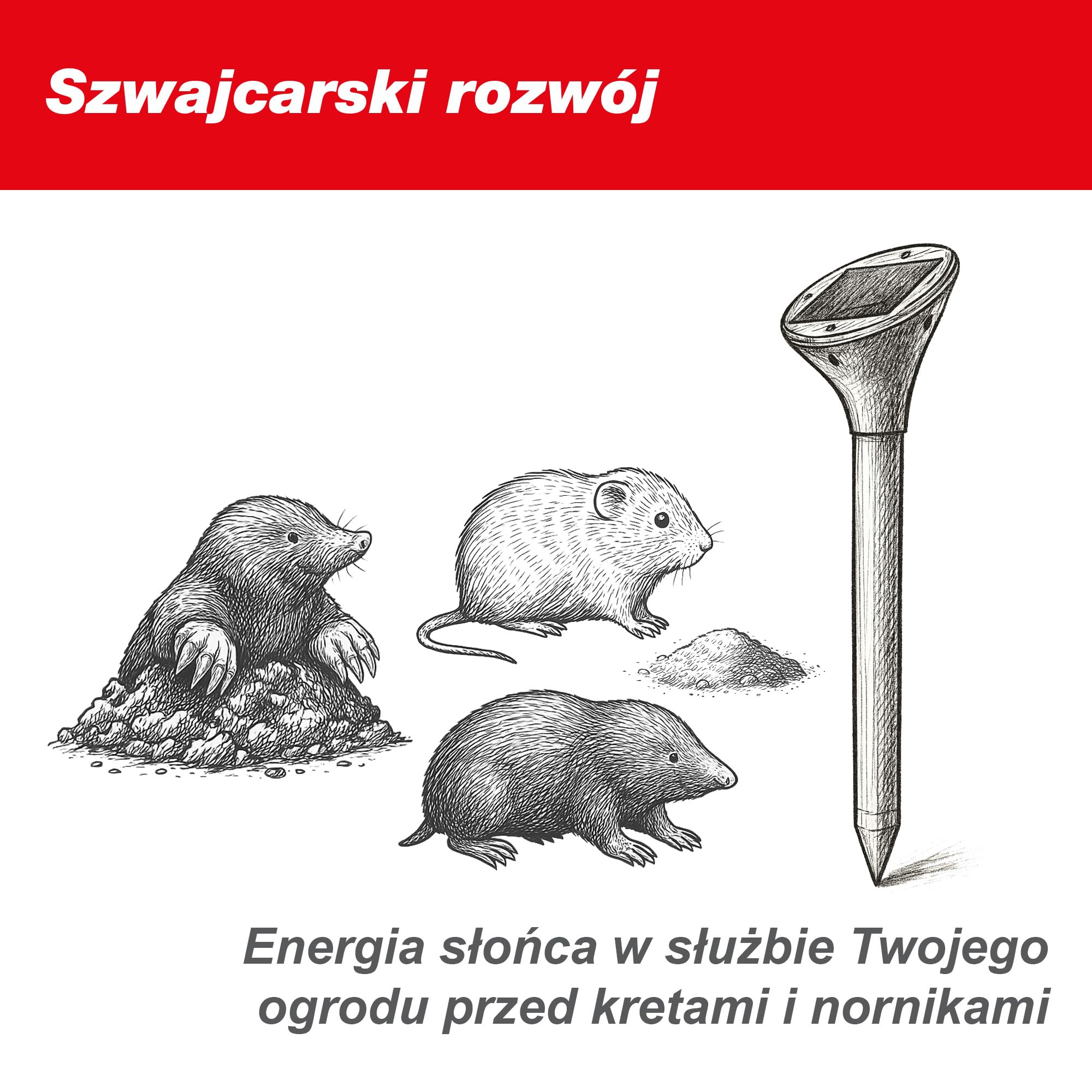 SWISSINNO Solarny Odstraszacz Kretów i Nornic do 650 m², Ultradźwiękowy i Wibracyjny Odstraszacz Gryzoni, Zasilanie Solarne, Wodoodporny, do Ogrodu, Trawnika i Działki, 1 szt.
