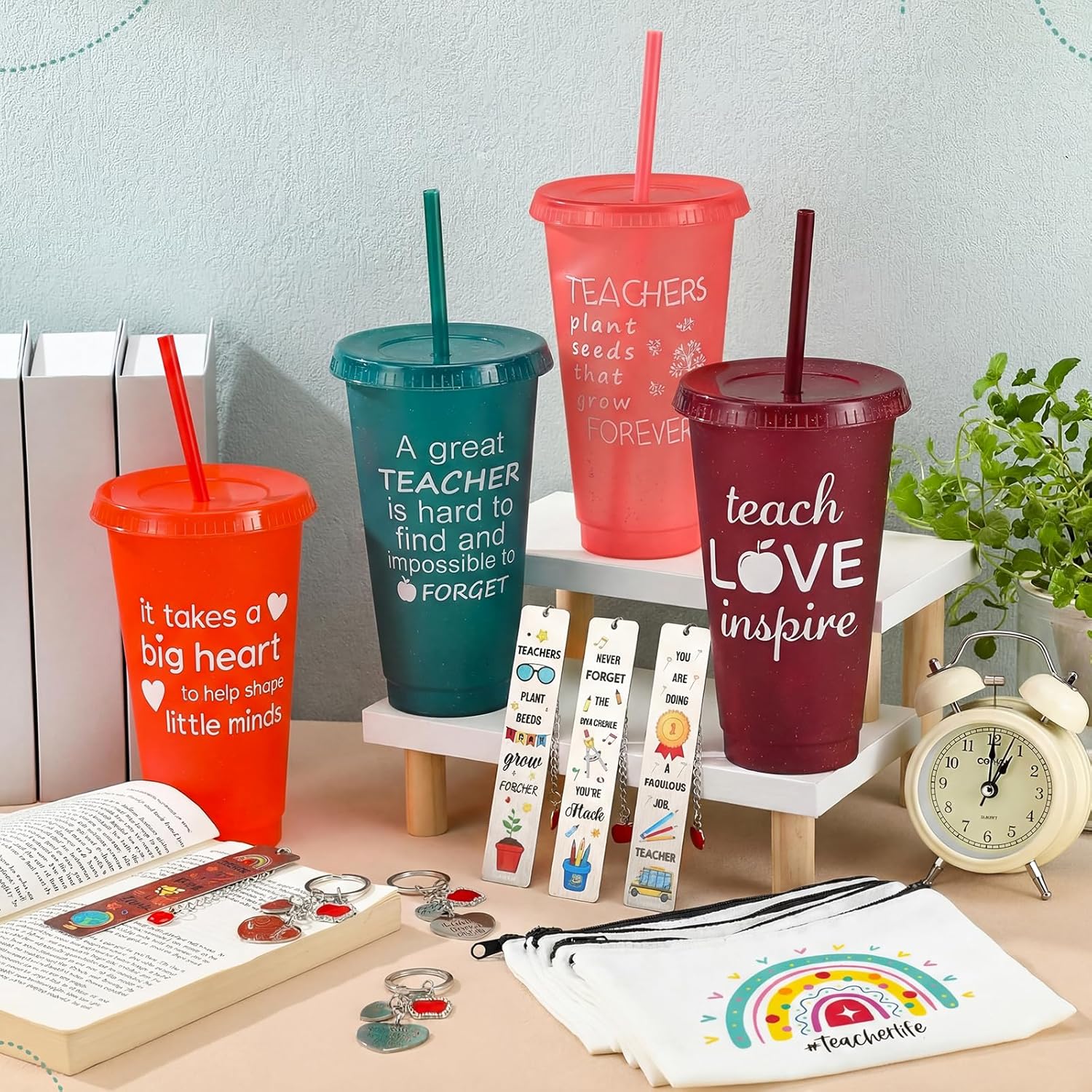 Meanplan 5 Sets Teacher Appreciation Gift Bulk Graduation Retirement Teacher Gifts for Women 24 oz Reusable Plastic Cups Makeup Bags Keychains Bookmarks with Pendants