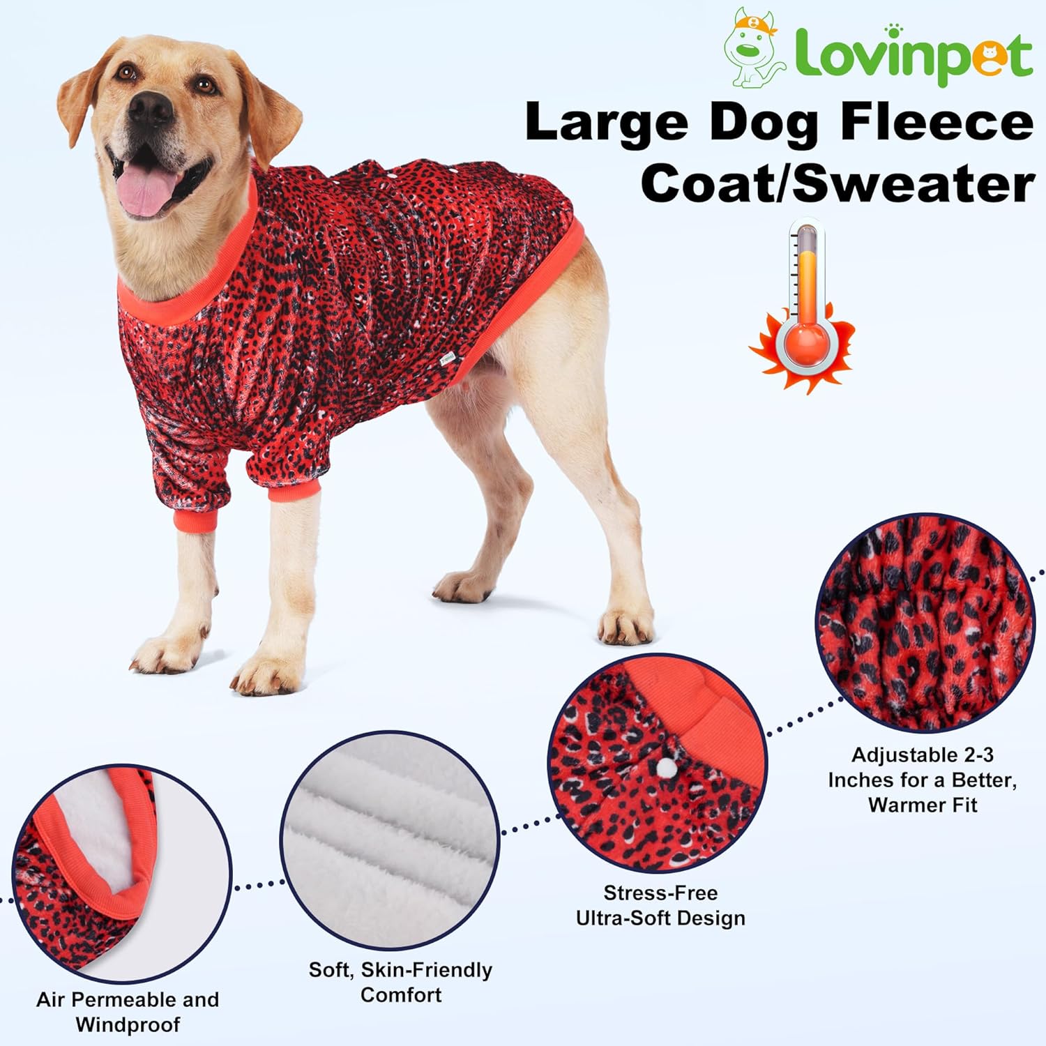 LovinPet Large Dog Winter Flannel Coat, Warm Dog Coat with Front Sleeves and Snap Buttons, Easy-Care Full-Coverage Layer for Cold Weather, Pink Dot Leopard Prints, L