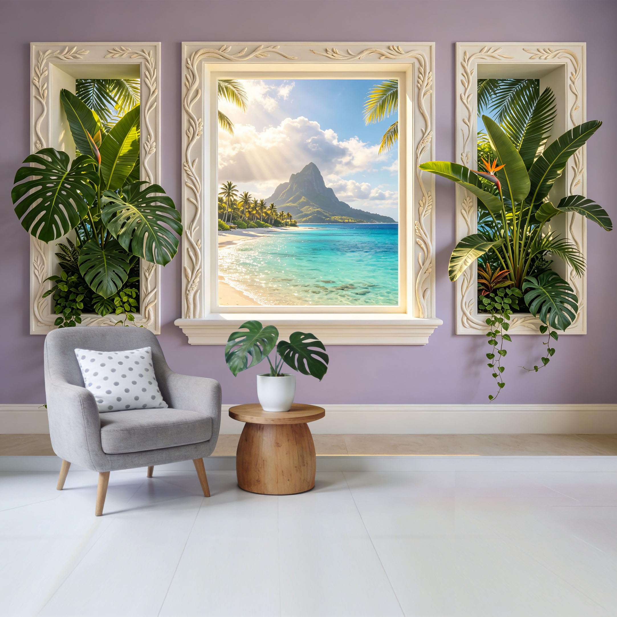 Custom Size Wall Mural Tropical Coastal Beach View with Palm Trees and Ocean Horizon Removable Self Adhesive Fabric Home Wall Decor for Living Room Bedroom Bathroom