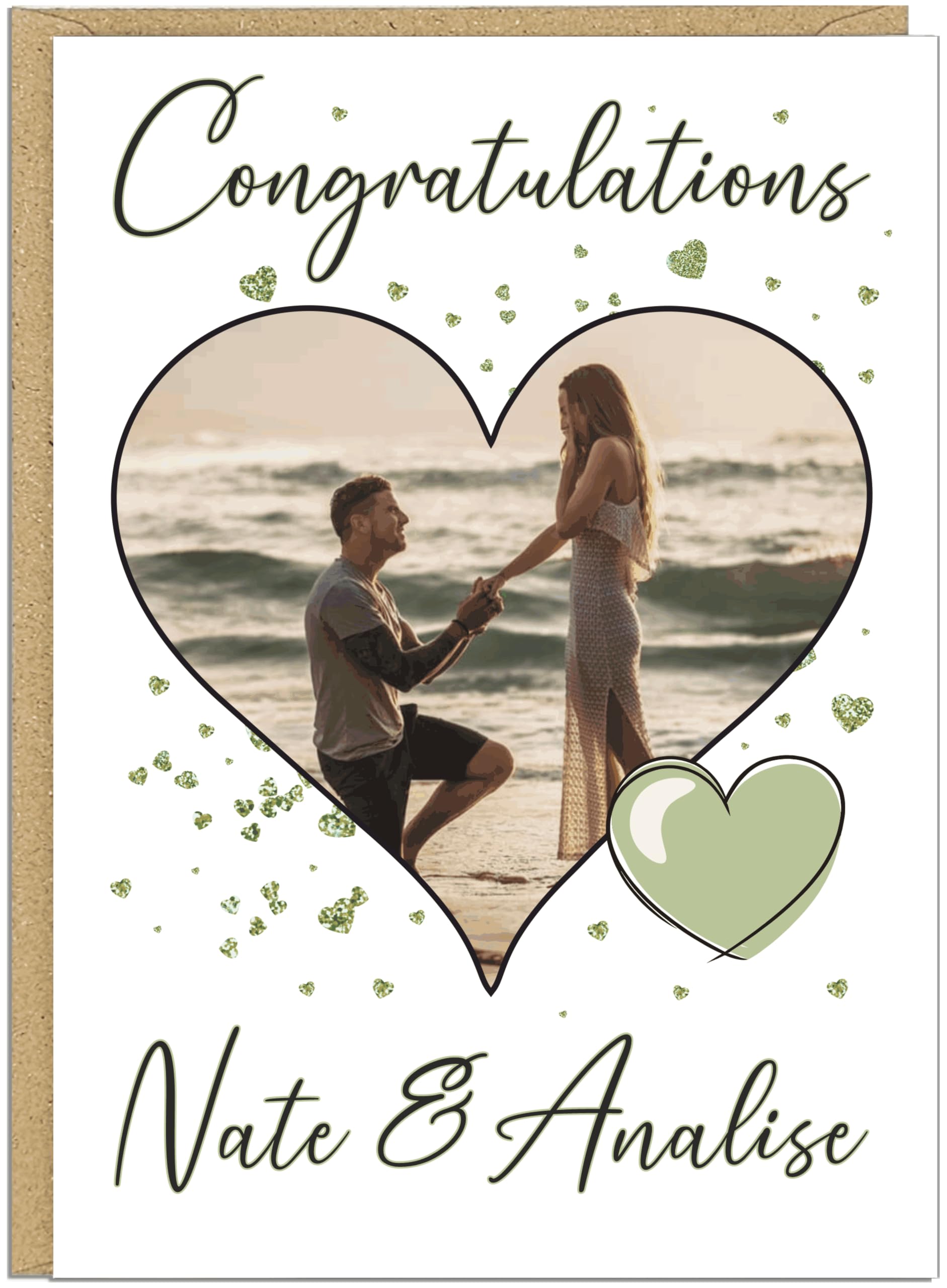 Couples Personalised Engagement Photo Cards - Colour Choice and Own Text Custom Heart Photo Upload Congratulations Card - For Him For Her Celebration Keepsake Engaged Gift, Green