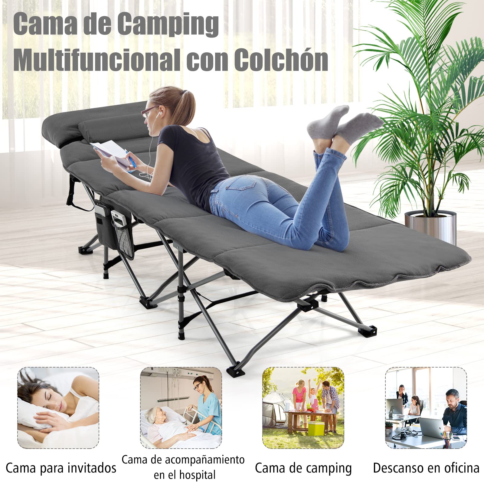 COSTWAY Cama de Camping Plegable de Viaje, Colchón y Almohada Extraíbles, Cama de Camping Portátil y Duradera, Carga hasta 150 kg, 185x65x41 cm, Tumbona Plegable para Adultos