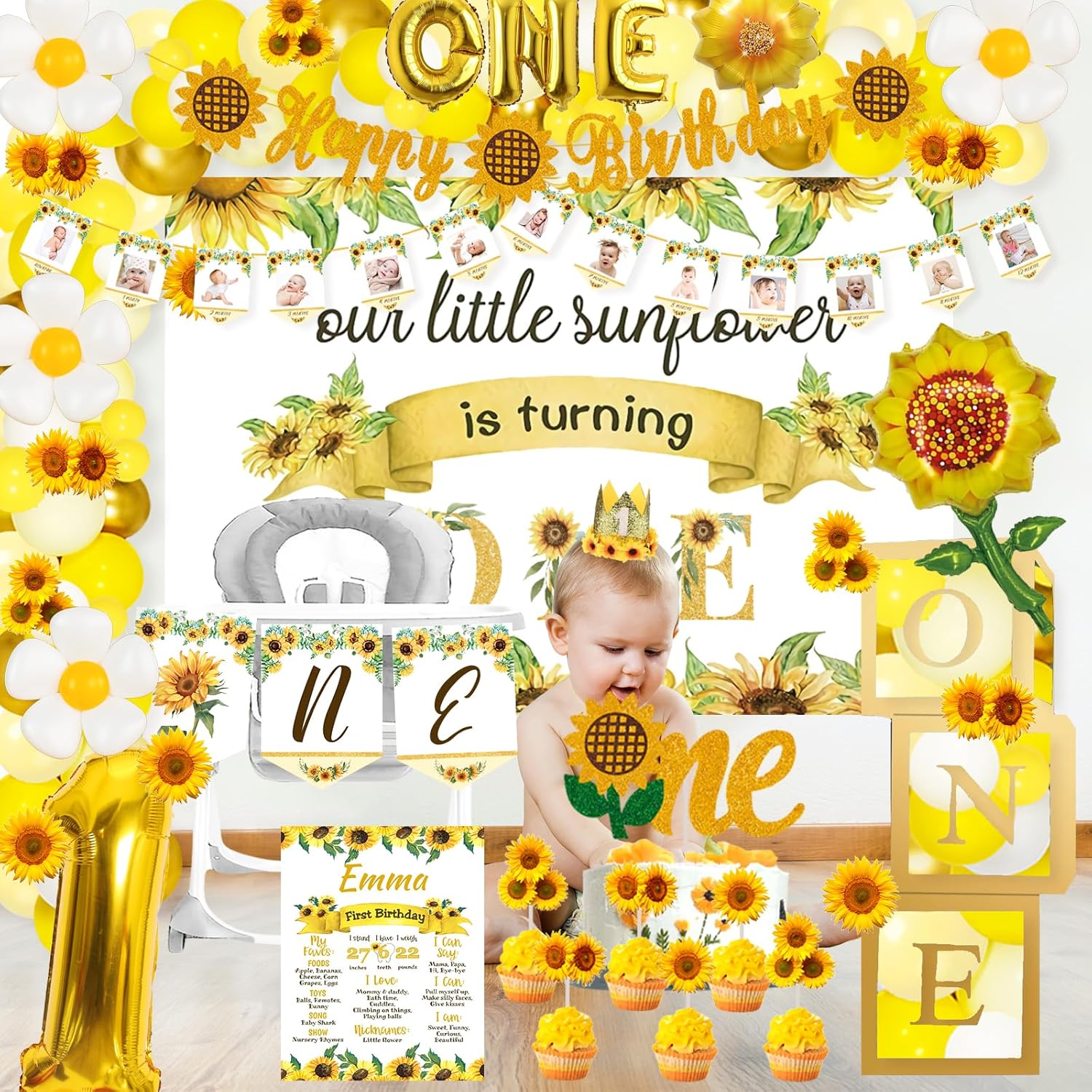 Sunflower First Party Decorations, 132 PCs Sunflower 1st Birthday Decorations Backdrop Balloon Garland Monthly Photo Highchair Banner Cake Cupcake Topper Box Cutout Crown Poster Headband