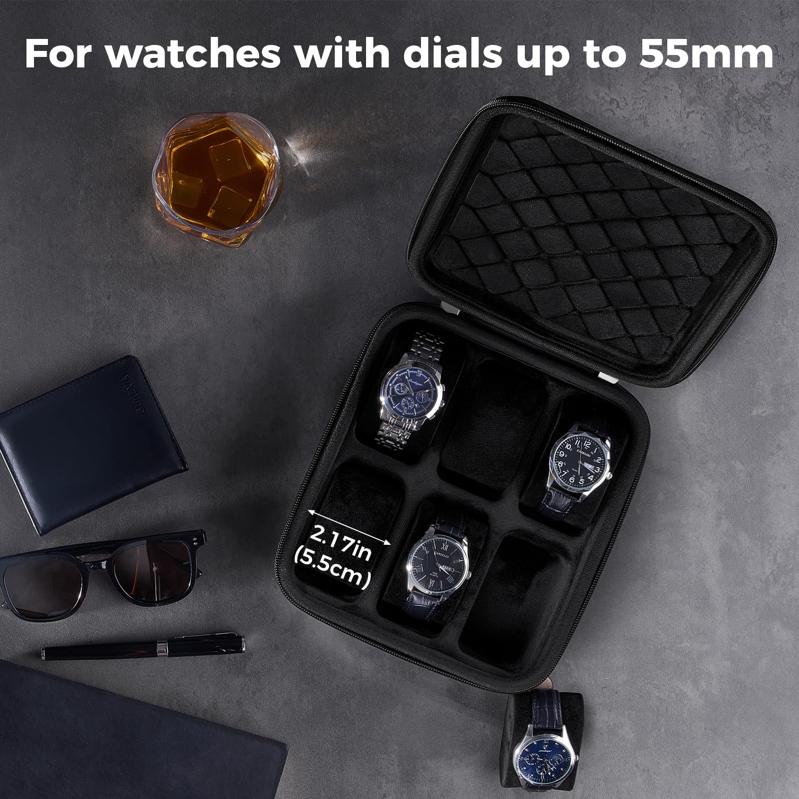 ProCase Uhrengehäuse Reise-Uhrenetui mit 6 Fächern, Tragbare Uhrenbox Aufbewahrungsbox für Uhren, Watch Travel Case Organizer für Damen Herren -Schwarz