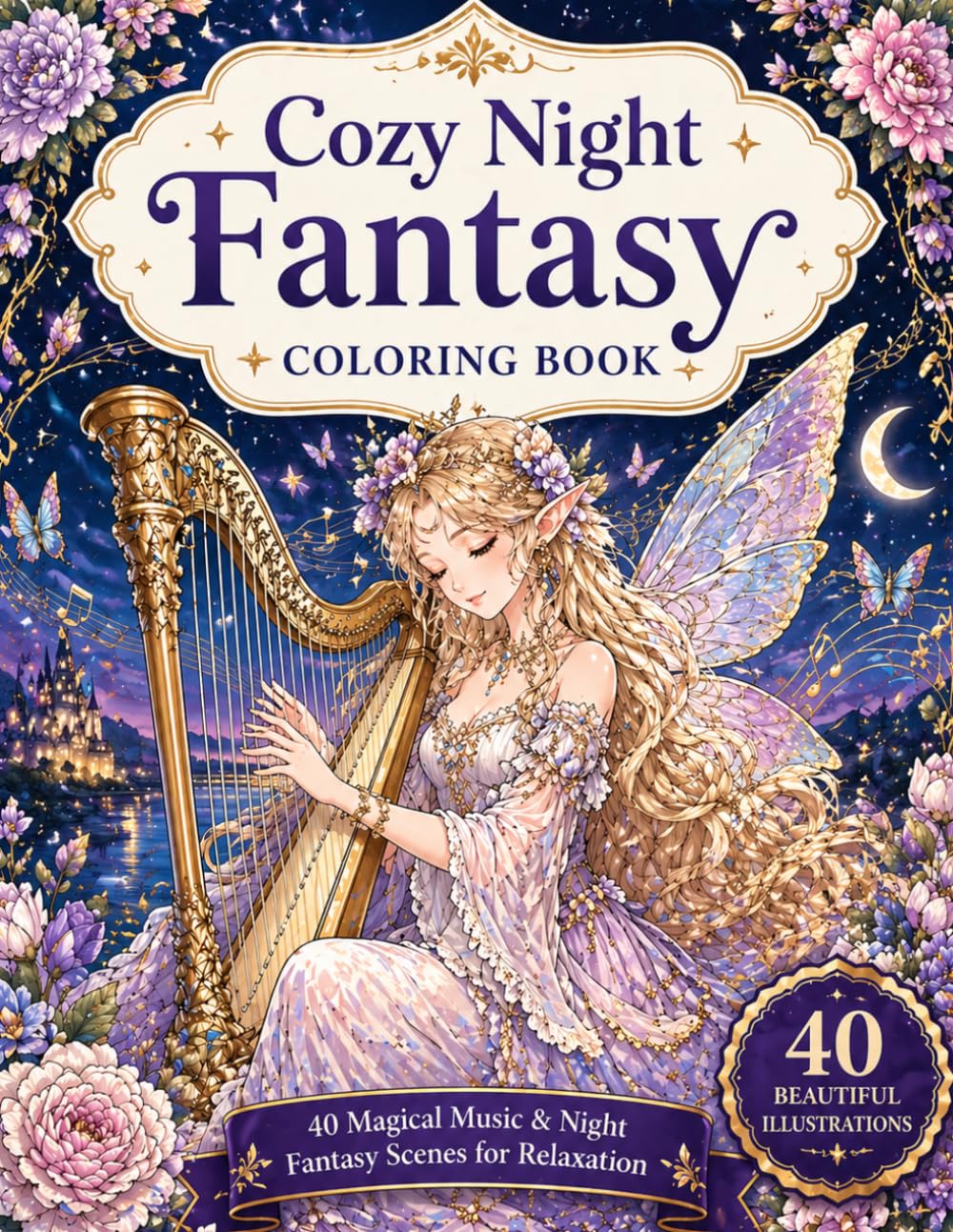 Cozy Night Fantasy Coloring Book: 40 Magical Fantasy Scenes with Fairies, Elves, Music and Dreamy Night Worlds for Relaxation, Stress Relief and Mindfulness