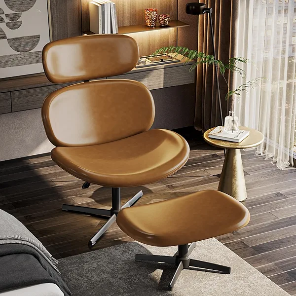 Bestier Swivel Modern Chair with Ottoman No Wheels, PU Criss Cross Reading Chair with Extended Headrest & Adjustable Seat, Modern Armless Ergonomic Chair for Living Room, Brown
