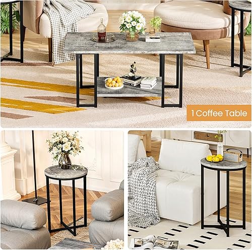 Miniatura 7 de Lamerge Juego de mesa de sala de estar, mesa auxiliar de mármol sintético con 2 mesas auxiliares redondas, juego de mesa auxiliar con marco de metal