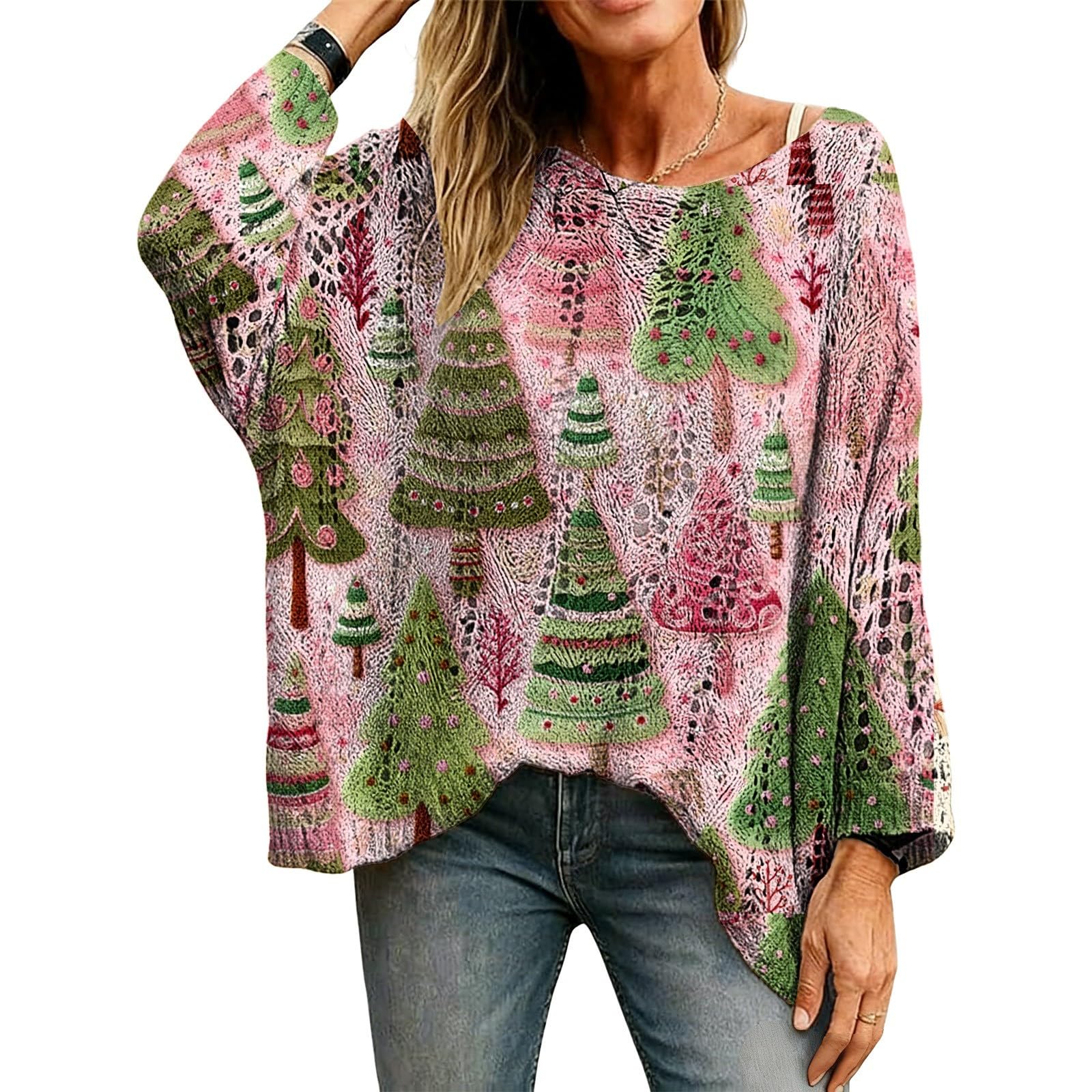 Christmas Crochet Ugly Sweater Women Oversized Tree Knit Pullover 2025 Holiday Fall Sweater Loose Batwing Jumpers