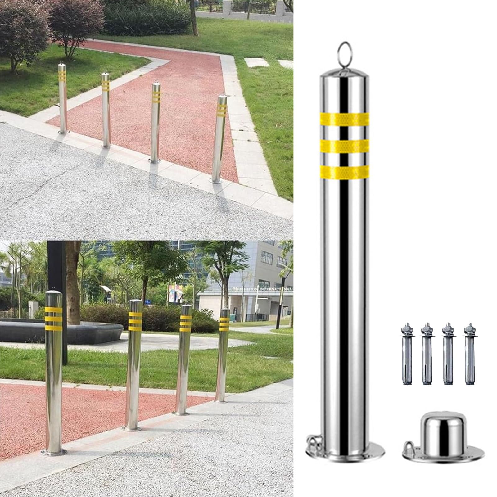 JYBNBBE Traffic Delineator Post Cone Stainless Steel Parking Bollard Removable,Concrete Floor Mounted Safety Bollard Post,Access Control Barrier Pole with Complete Kits,2pcs-7.6x60cm