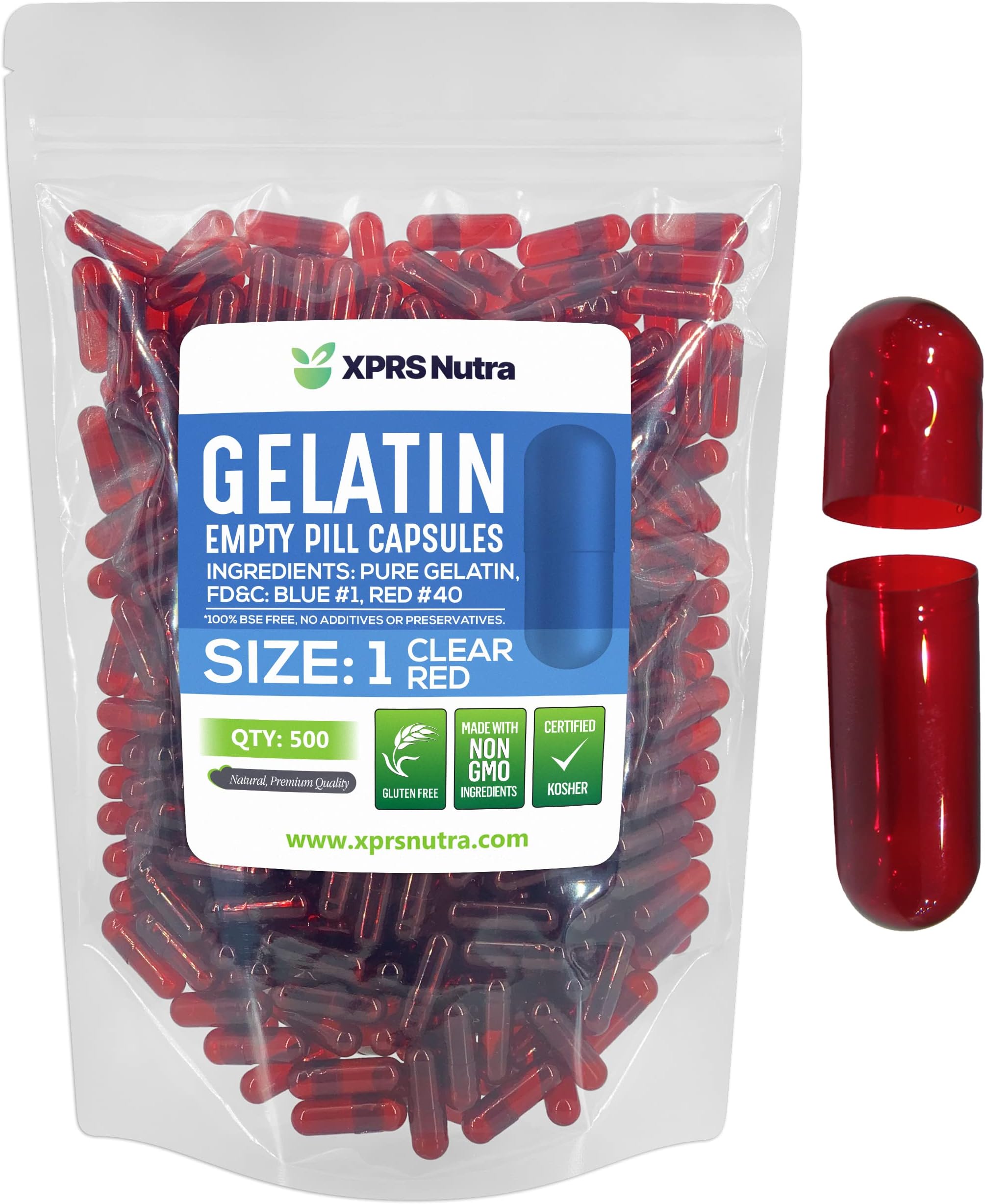 XPRS Nutra Size 1 Empty Capsules - 500 Count Colored Empty Gelatin Capsules - Pill DIY Supplement Capsule Filling - Fillable Color Gel Caps Pills for Do-It-Yourself Supplements (Clear Red)