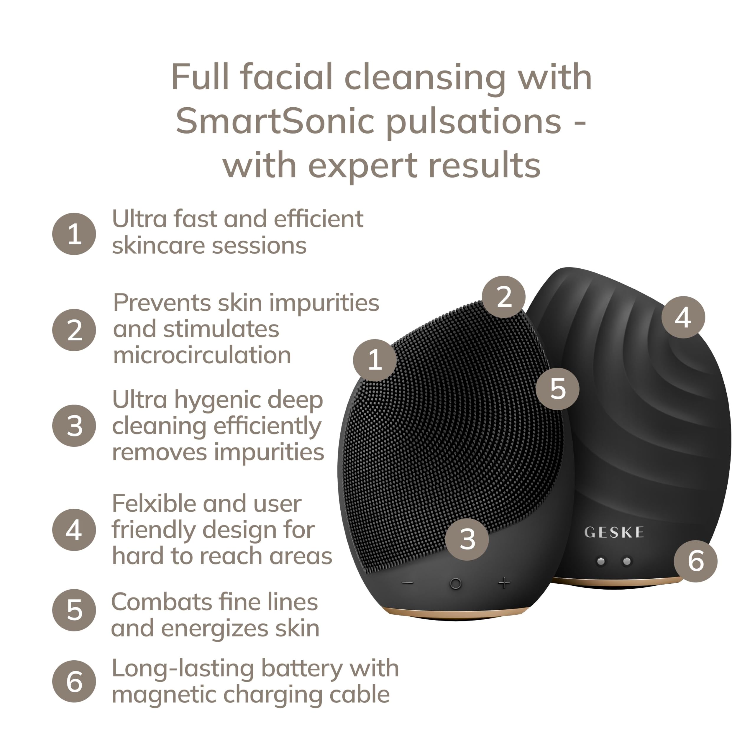 GESKE SmartAppGuided™ Cepillo facial sónico 5 en 1 | Cepillo de limpieza facial eléctrico vibrador | Cepillo de silicona suave | Limpiador facial profesional | Limpiador y exfoliante de piel |