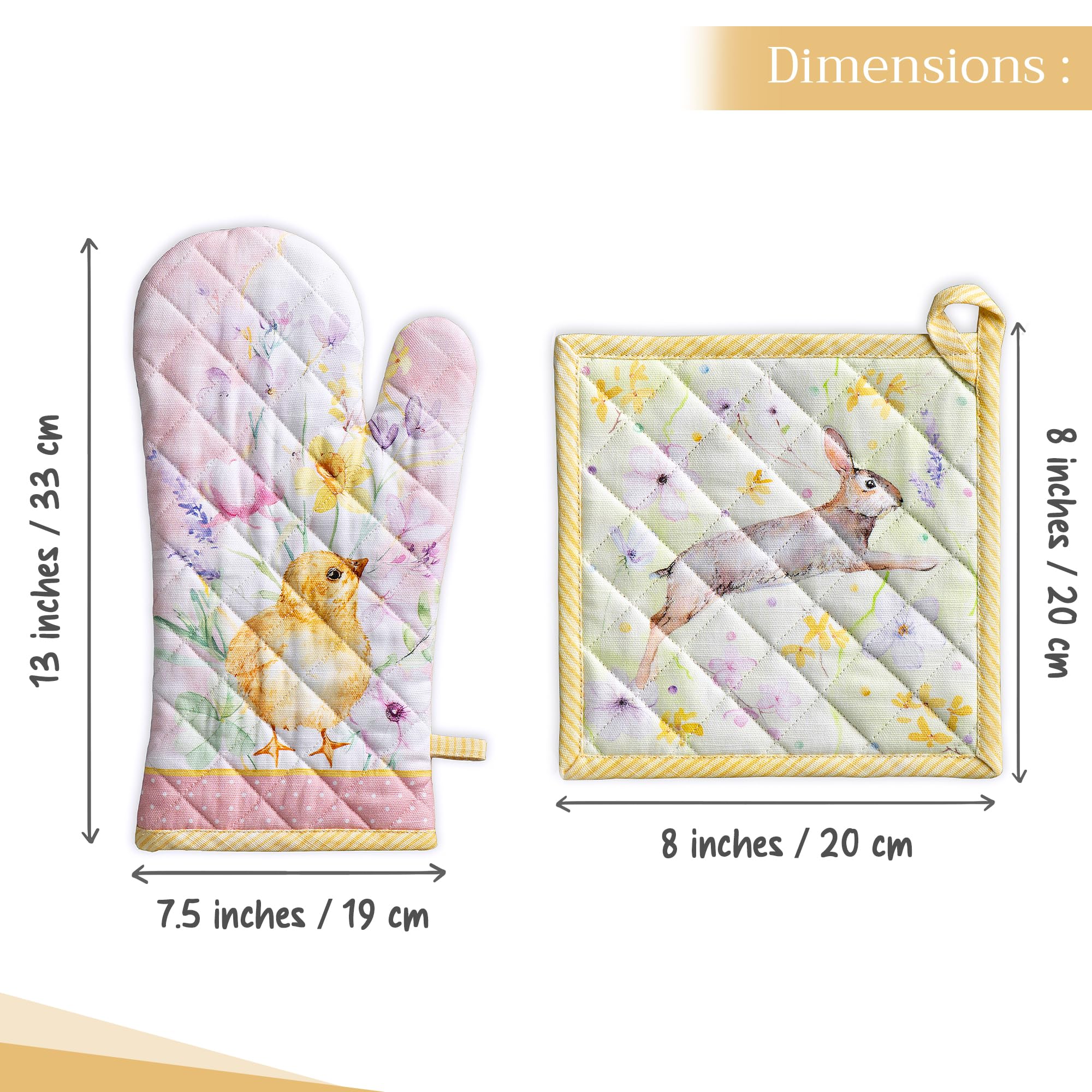 Gant De Four Et Manique En Coton 100% - Ensemble Résistant à La Chaleur, 19x33 Cm Et 20x20 Cm, Design Printemps/été