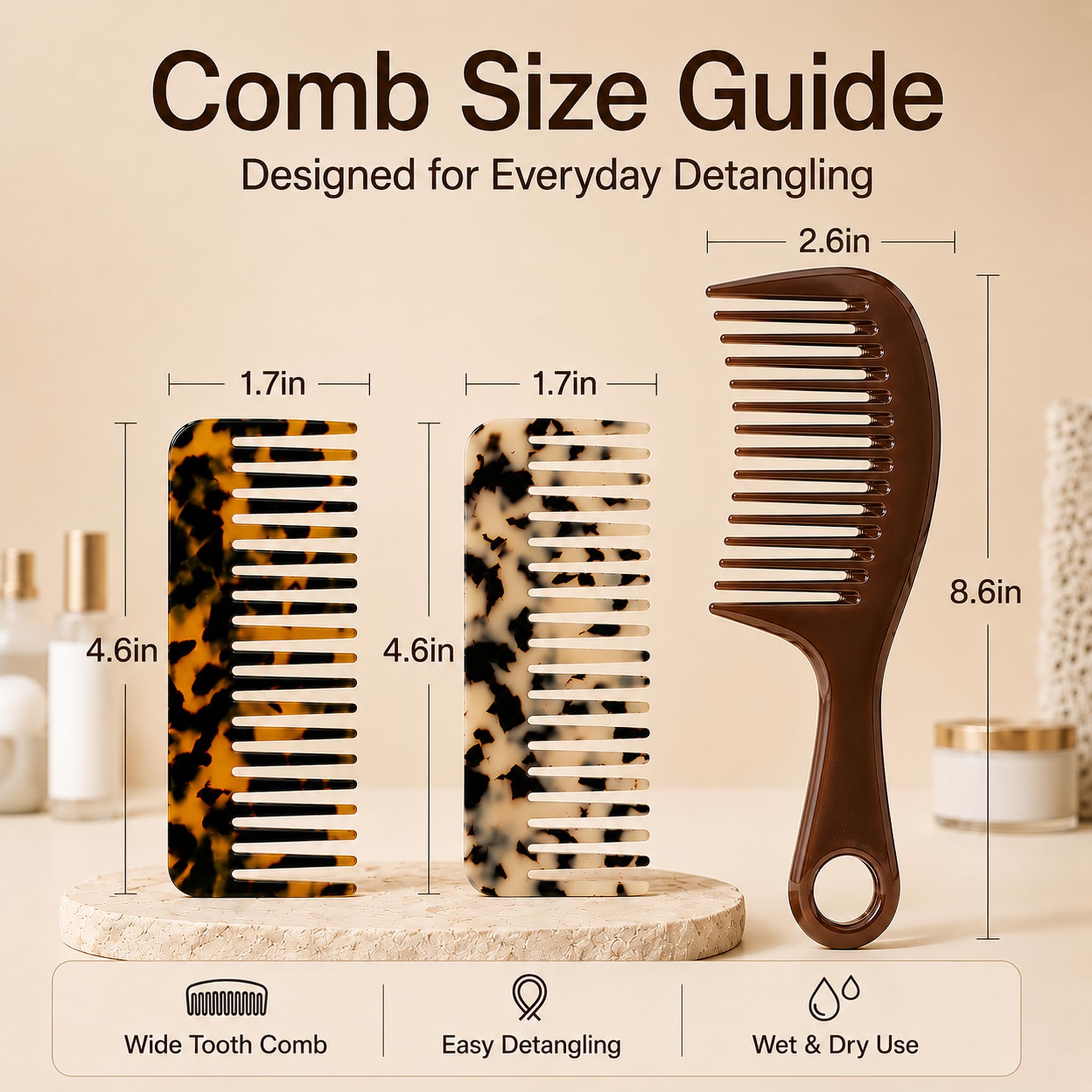 Peine de dientes anchos para rizos y cabello grueso, peine desenredante, acetato de celulosa, antiestático, 6 pulgadas, uso húmedo/seco, paquete de 2