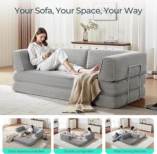 Miniatura 7 de LINSY HOME Sofá cama convertible de 79 pulgadas, sofá cama plegable de compresión, sofá cama plegable de pana para sala de estar y dormitorio, sofá