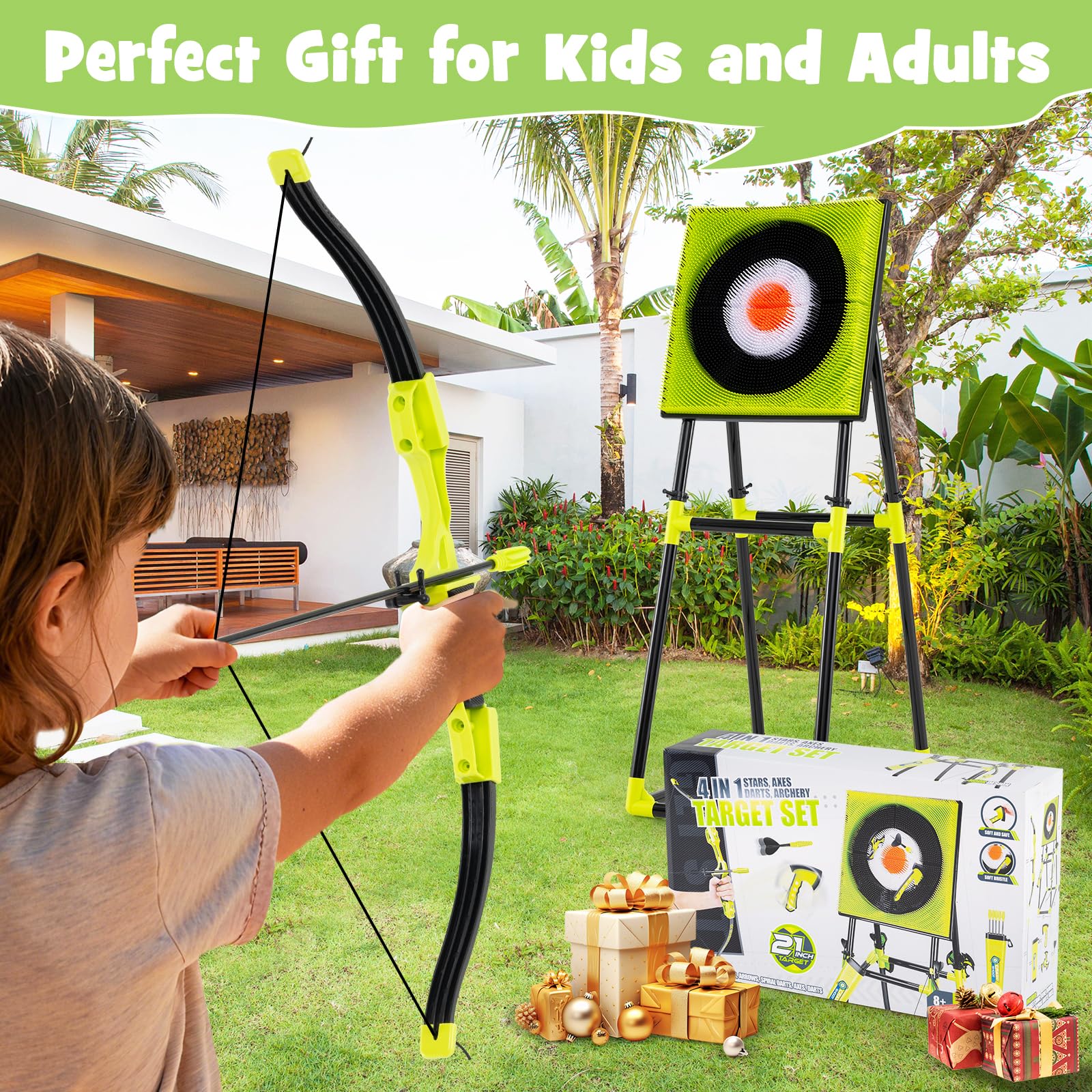 COSTWAY 4 in 1 Set di Arco e Frecce per Bambini | Set da Gioco con Asce da Lancio, Freccette , Freccia, Arco e Bersaglio, da Interno ed Esterno
