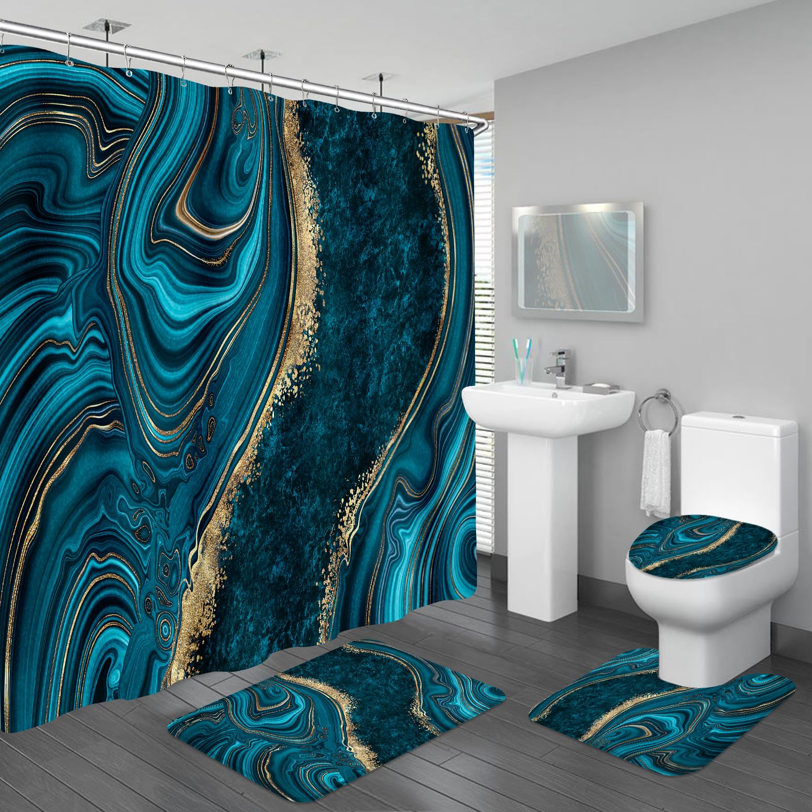 4PCS Teal Blue Gold Marble Shower Curtain Sets with Rugs, Abstract Bathroom Sets with Shower Curtain and Rugs, Modern Bathroom Curtains Shower Set with Accessories for Bathroom Decor