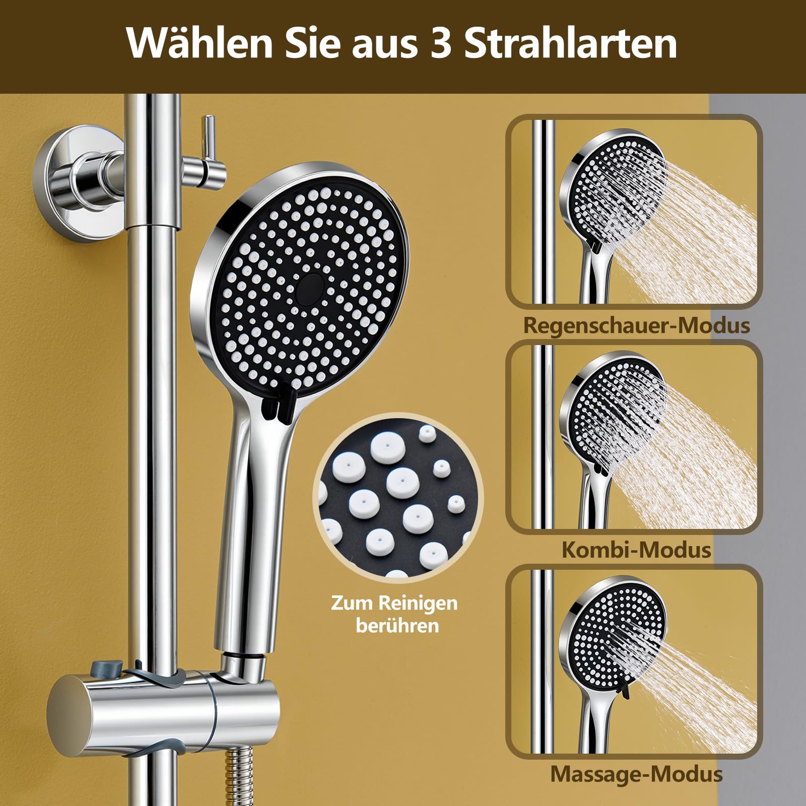Duschsystem mit Thermostat Edelstahl Regendusche 25cm Handbrause 3 Strahlarten Duscharmatur Komplettset Höhenverstellbar mit Anti-Verbrühungsschutz Wassersparend Einfach Installieren