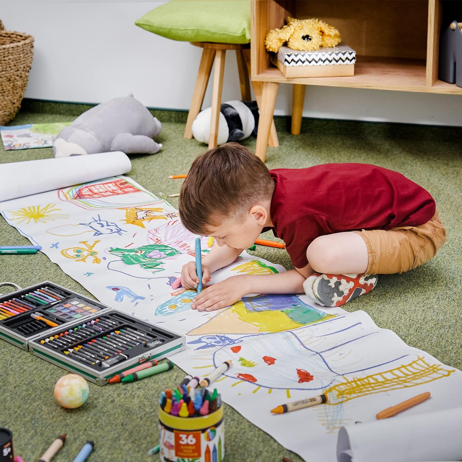 Arteza Kids Paper Roll Dispenser with 1 Roll of Drawing Paper, 16.5 Inches x 74.8 Feet, 47-lb Paper, Made of Pine Wood, Art Supplies for Kids Activity Organizing, Sticker Storage, and Learning Centers