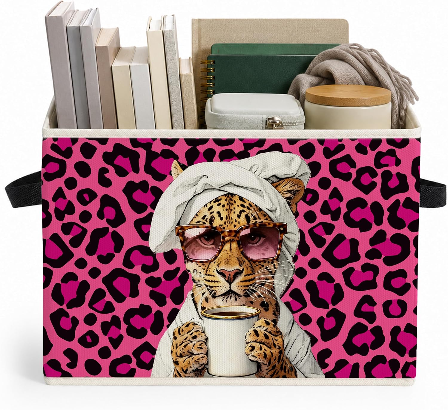 Trendy Retro Leopard Storage Bins Box, Funky Cheetah Print Brown Collapsible Storage Basket Clothes Toys Books Organizer for Dorm Apartment Bedroom Laundry Room Home Decor