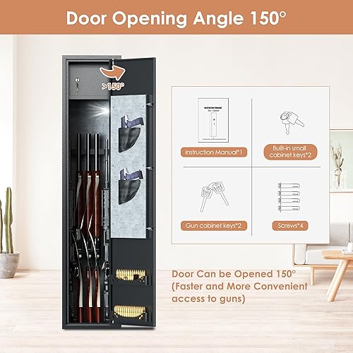 Miniatura 7 de Caja fuerte para 5 pistolas y huellas dactilares para rifles y pistolas domésticas, biométrica rápida para rifles y escopetas, gabinete largo para