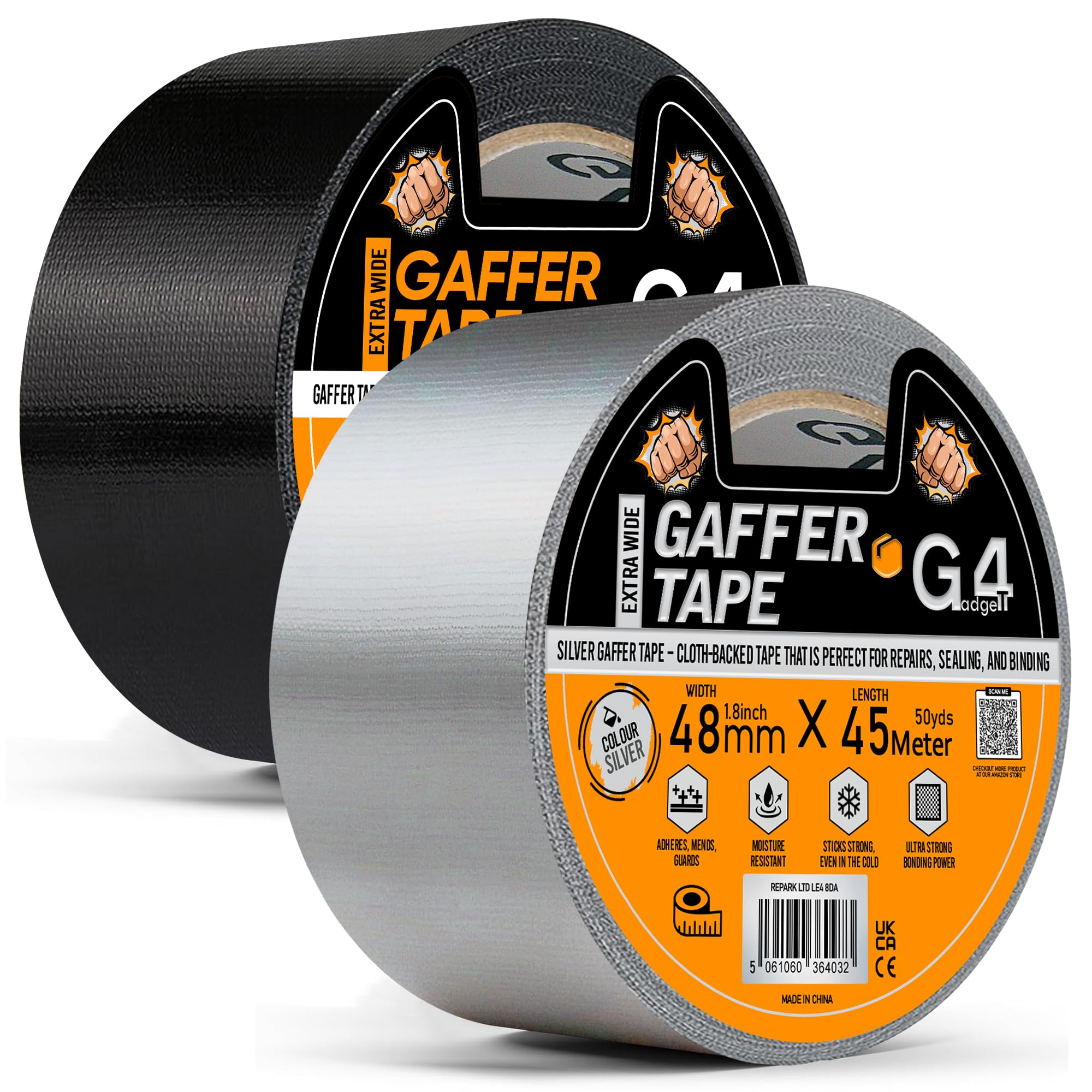 G4GADGET Gaffer Tape Black & Silver – 2 Pack 48mm x 45m | Heavy Duty Waterproof Duct Tape | Strong Adhesive Tape for DIY, Repairs, Sealing & Indoor Outdoor Use