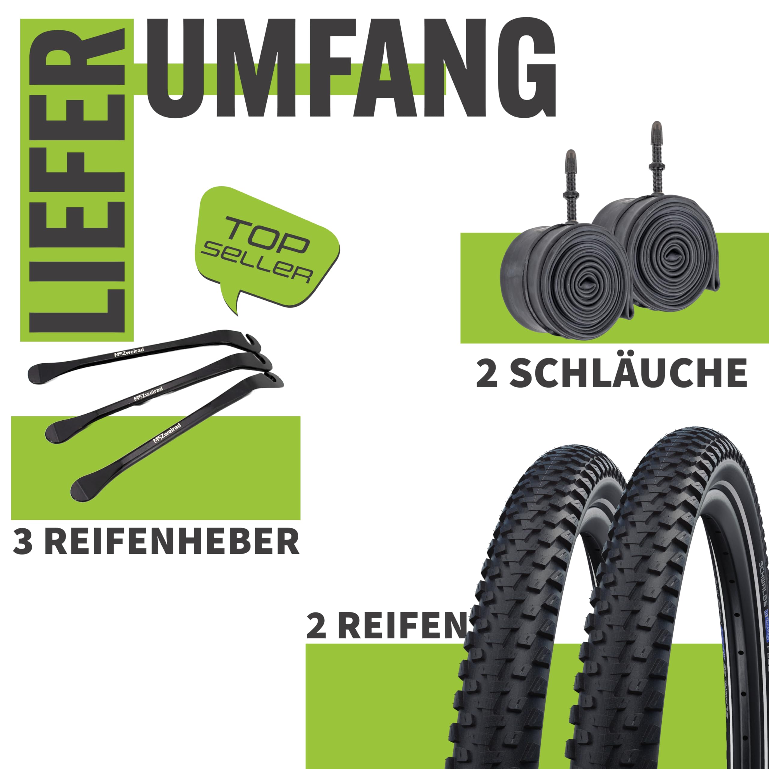 2er Set Schwalbe Fahrradreifen Marathon Plus MTB 29 oder 27,5 Zoll (ETRTO 54-584,57-584,57-622) wählbar mit AV DV SV SCV Schlauch + 3 Metall Reifenheber