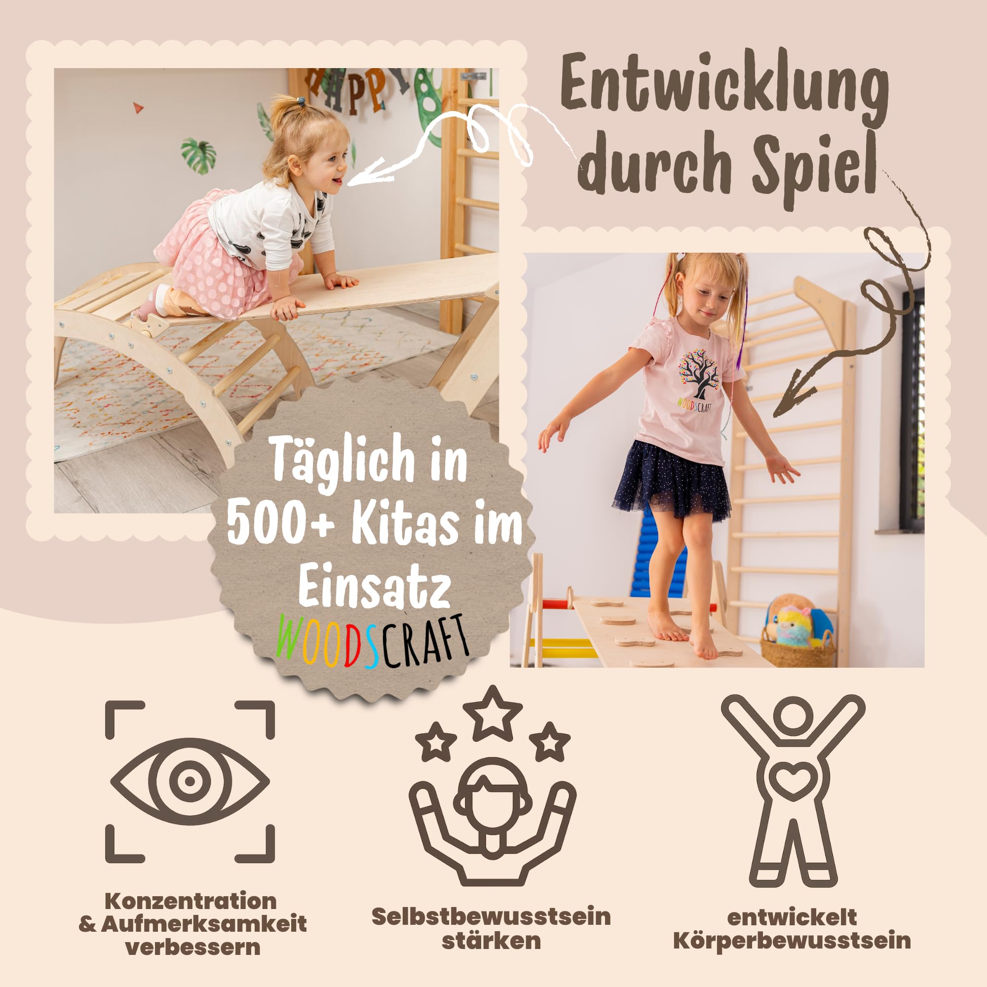 WoodsCraft Montessori Kletterset 5in1 Kletterdreieck Kletterbogen mit Kissen Rutsche Rampe Holz Klettergerüst Indoor Spielgeräte