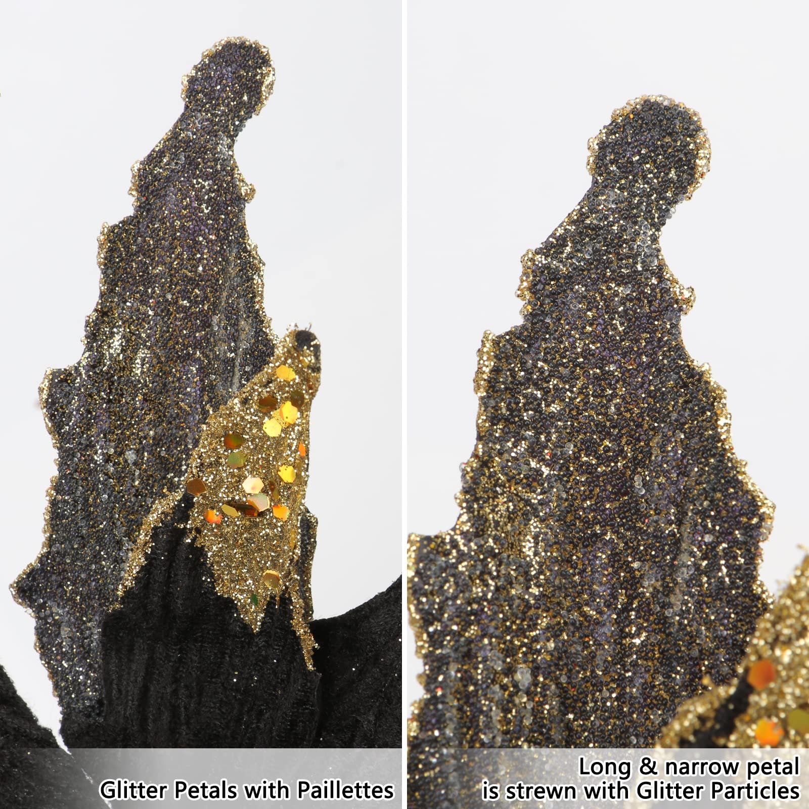 Briful 4 PCS 12" Glitter Poinsettia Black Artificial Flowers Stem for Christmas Tree Decorations Fake Poinsettia Flowers Large Artificial Christmas Flowers Arrangements for Xmas Decorations - Image 2