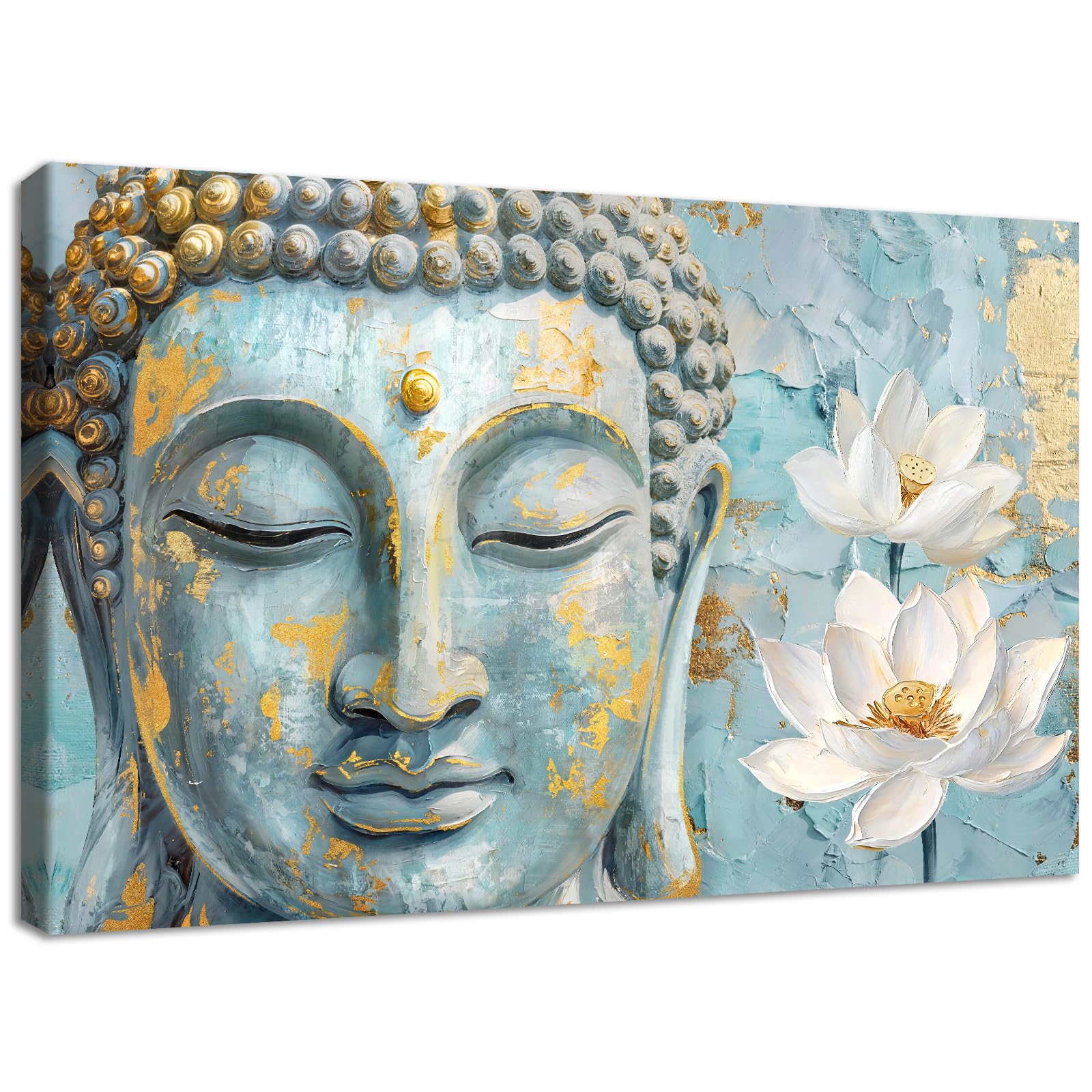 Blue Buddha Wooden Framed Canvas Wall Art White Lotus Flowers Painting on Canvas Prints Poster Abstract Buddhism Worship Zen Pictures for Meditation Room Spiritual Yoga Spa Bedroom Wall Decor 30x40cm