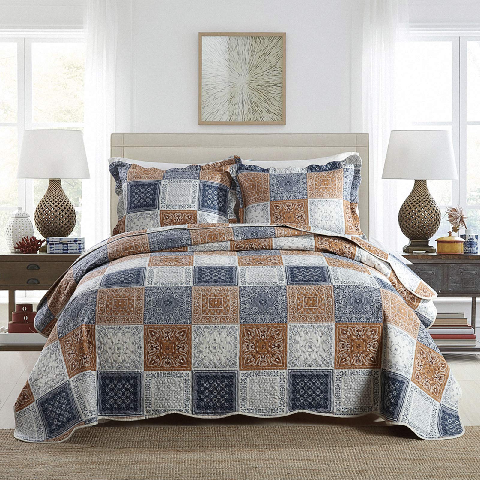 NEWLAKE Quilt Bedspread Sets-Color Block Pattern Reversible Comforter Coverlet Set,King Size